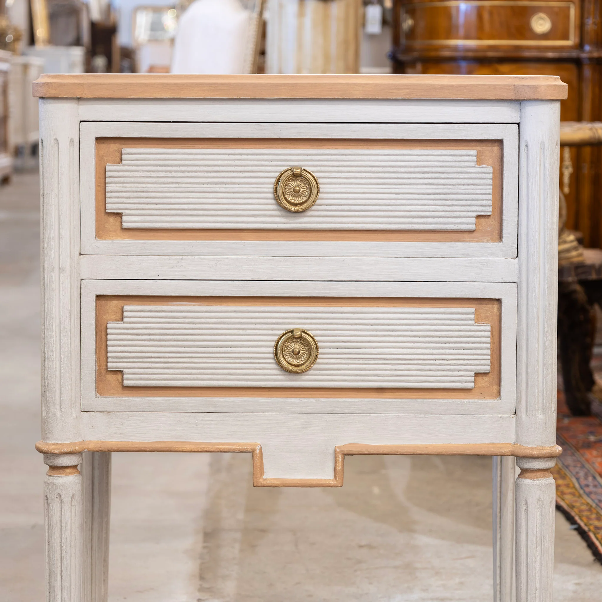 Swedish 2-Drawer Nightstand – Reeded Carved Block With Peach Trim - Image 4
