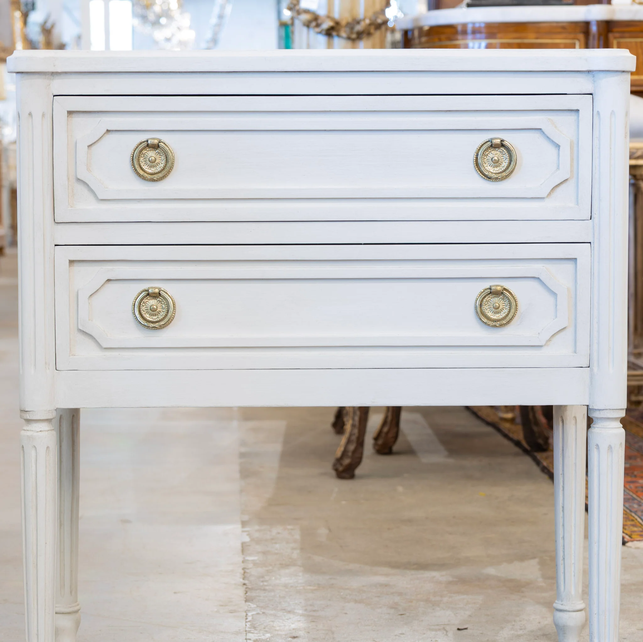 Swedish 2-Drawer Nightstand – Rounded Corners & Brass Ring Pulls in Dove White - Image 4