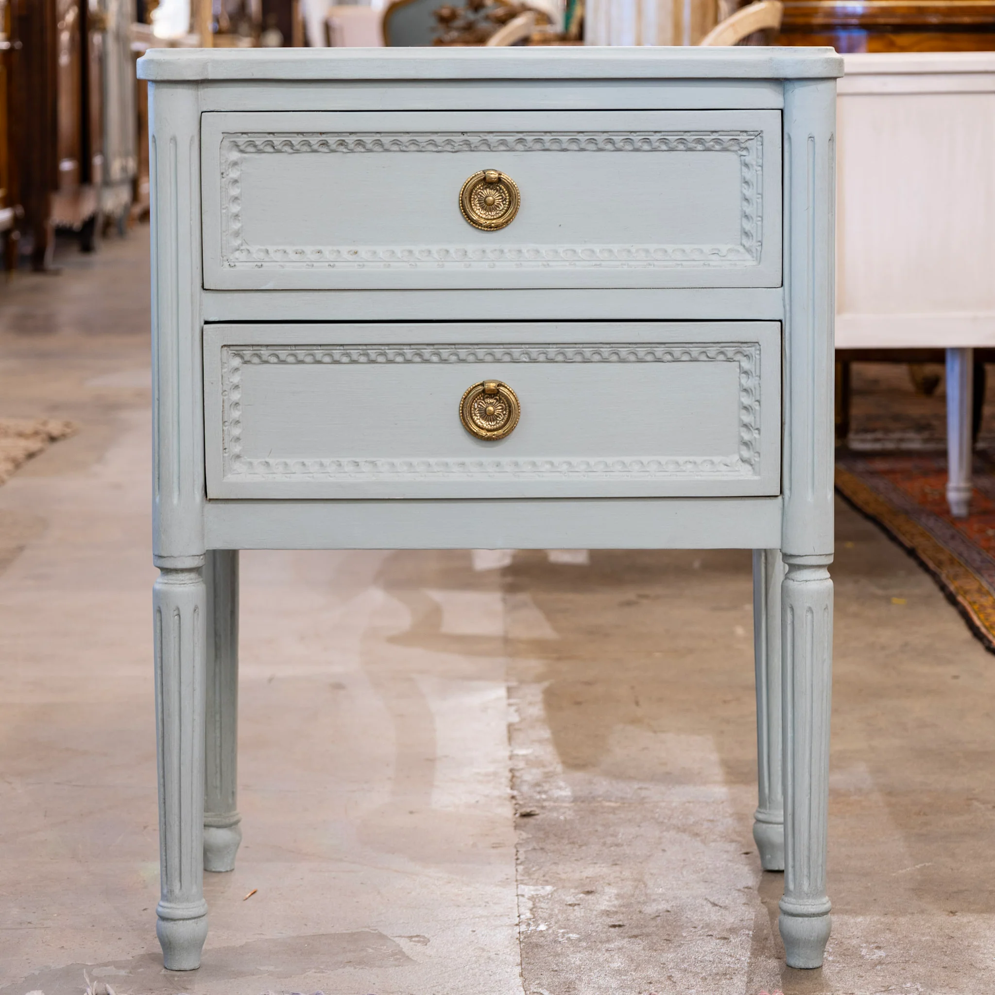 Swedish 2-Drawer Nightstand – Tall Rounded Legs & Beaded Trim in Soft Green