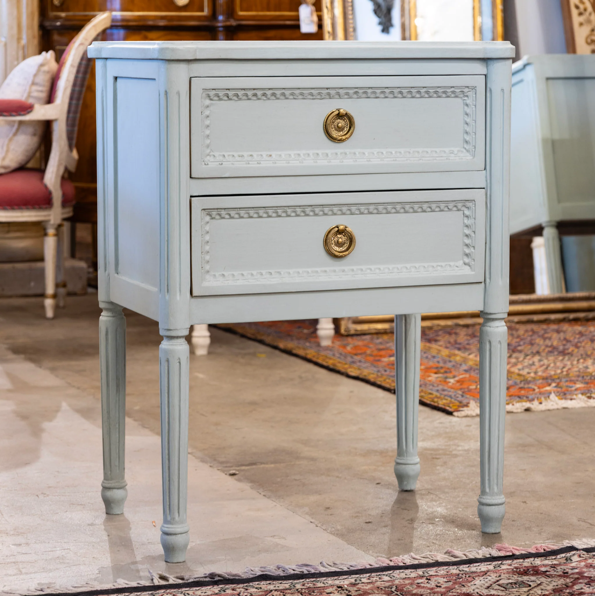 Swedish 2-Drawer Nightstand – Tall Rounded Legs & Beaded Trim in Soft Green - Image 2