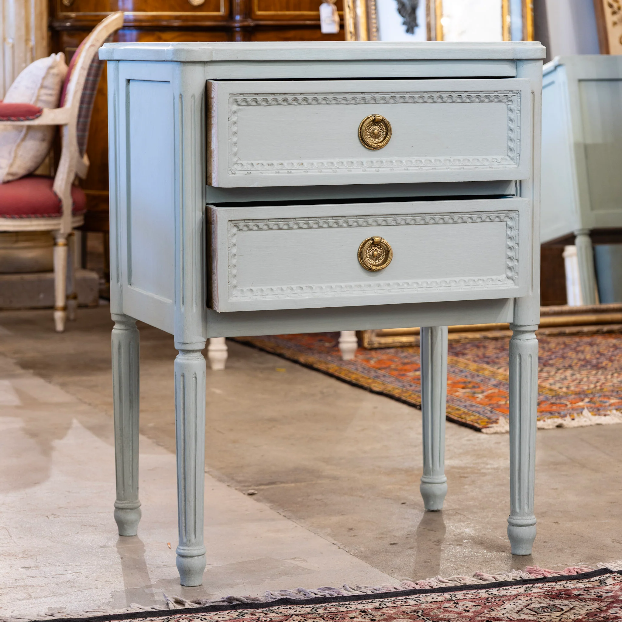 Swedish 2-Drawer Nightstand – Tall Rounded Legs & Beaded Trim in Soft Green - Image 3