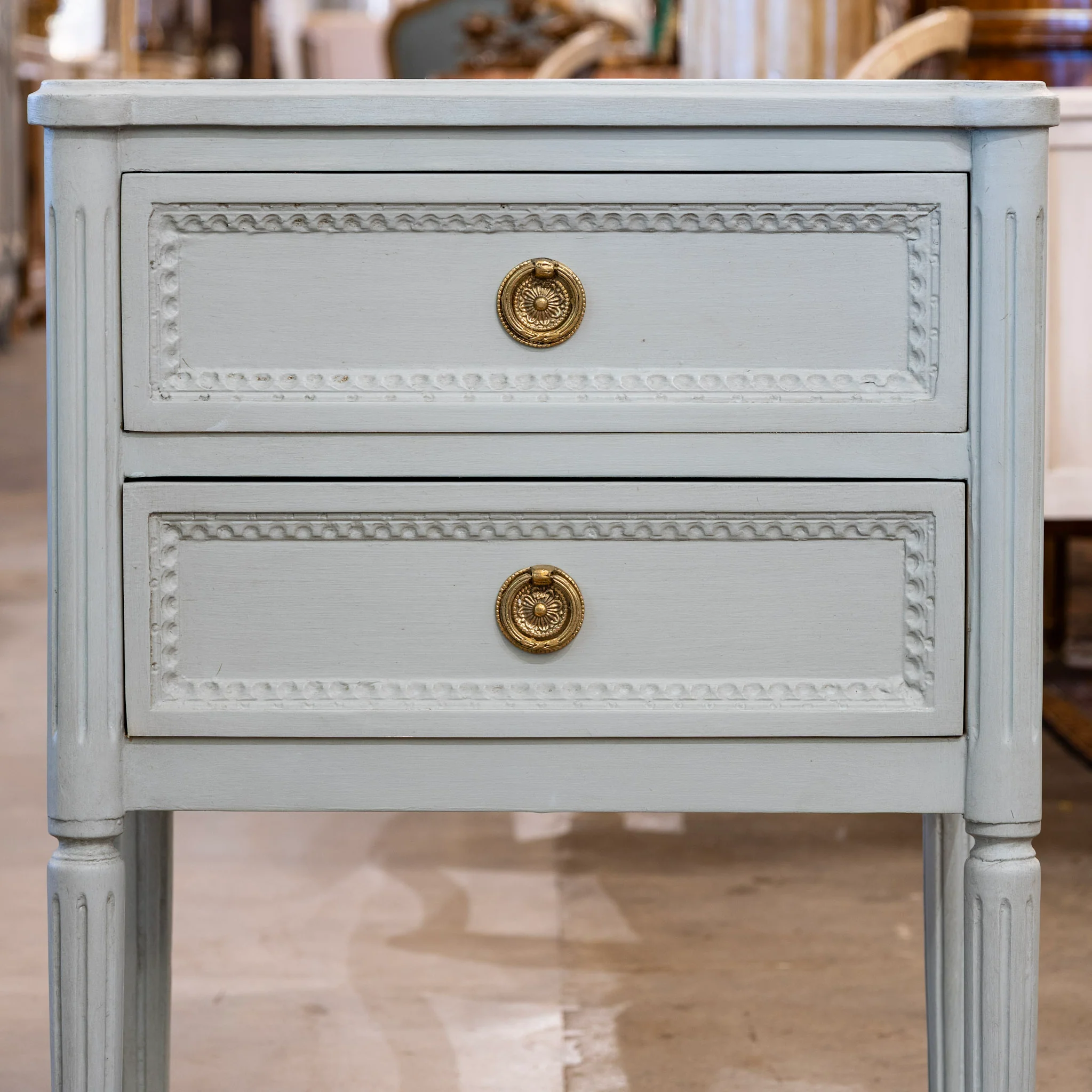 Swedish 2-Drawer Nightstand – Tall Rounded Legs & Beaded Trim in Soft Green - Image 4