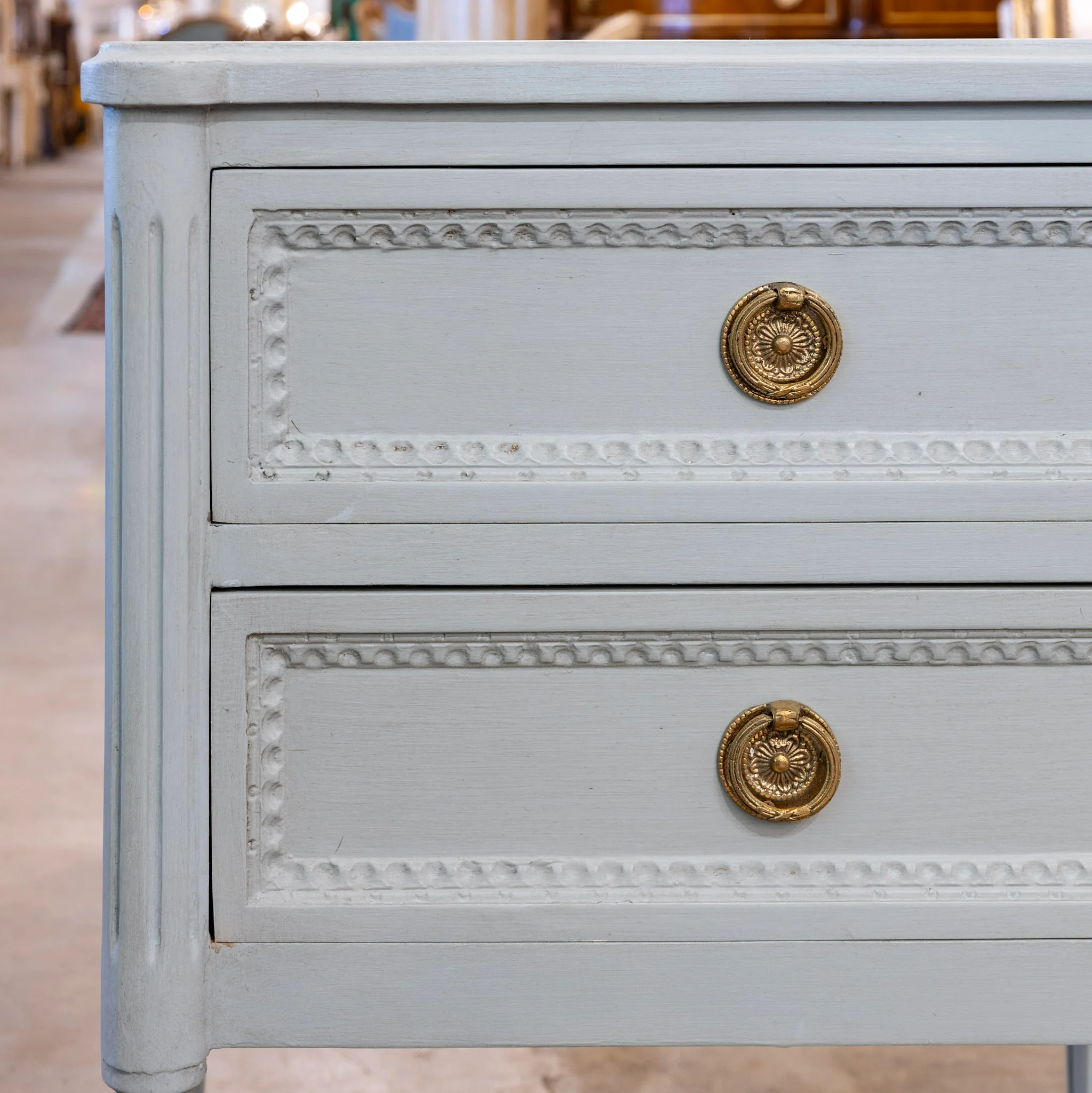 Swedish 2-Drawer Nightstand – Tall Rounded Legs & Beaded Trim in Soft Green - Image 5