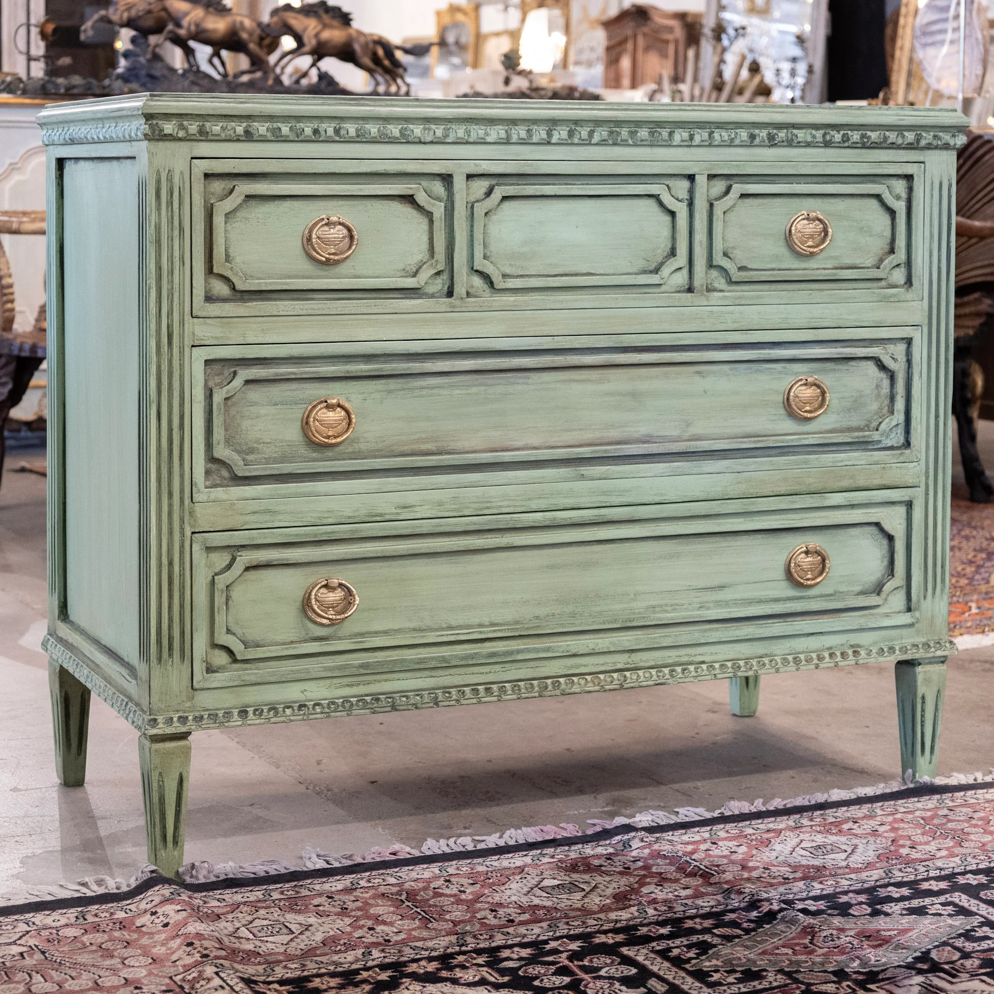 Swedish 3-Drawer Carved Chest – Distressed Green Finish - Image 3
