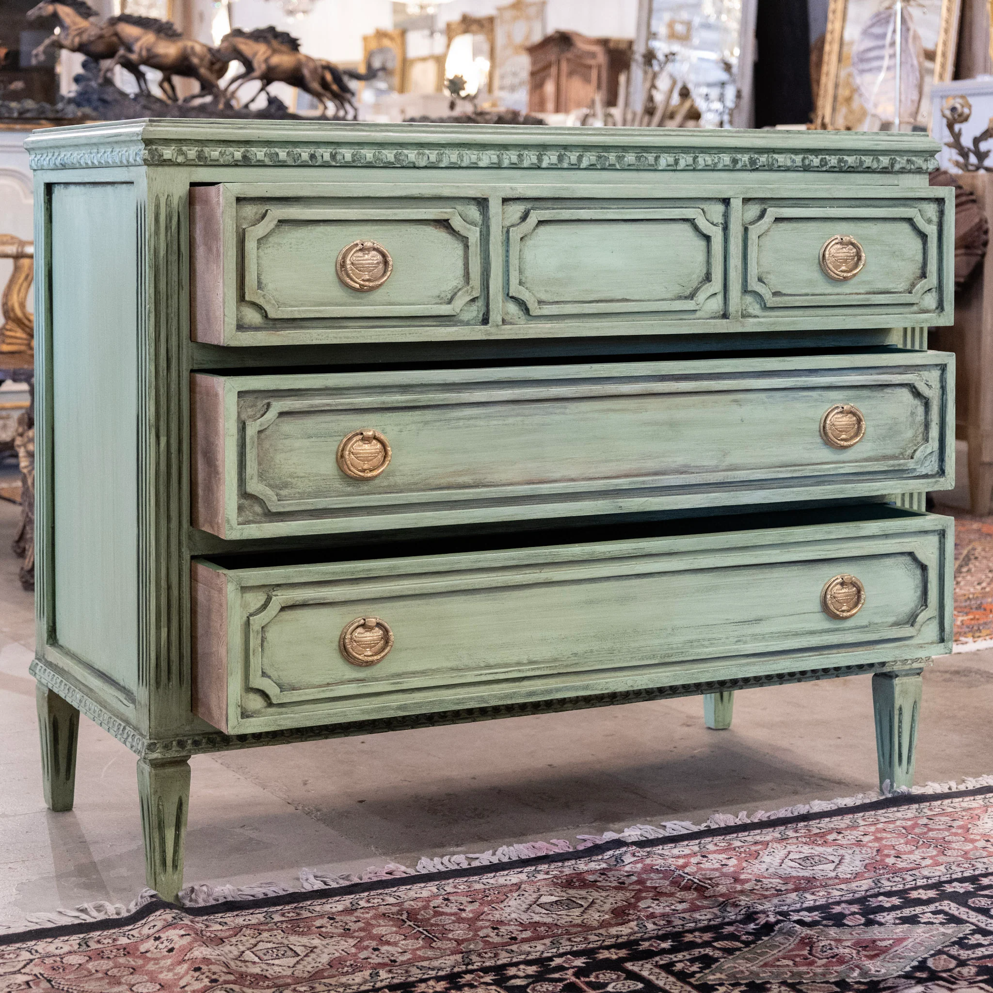 Swedish 3-Drawer Carved Chest – Distressed Green Finish - Image 4