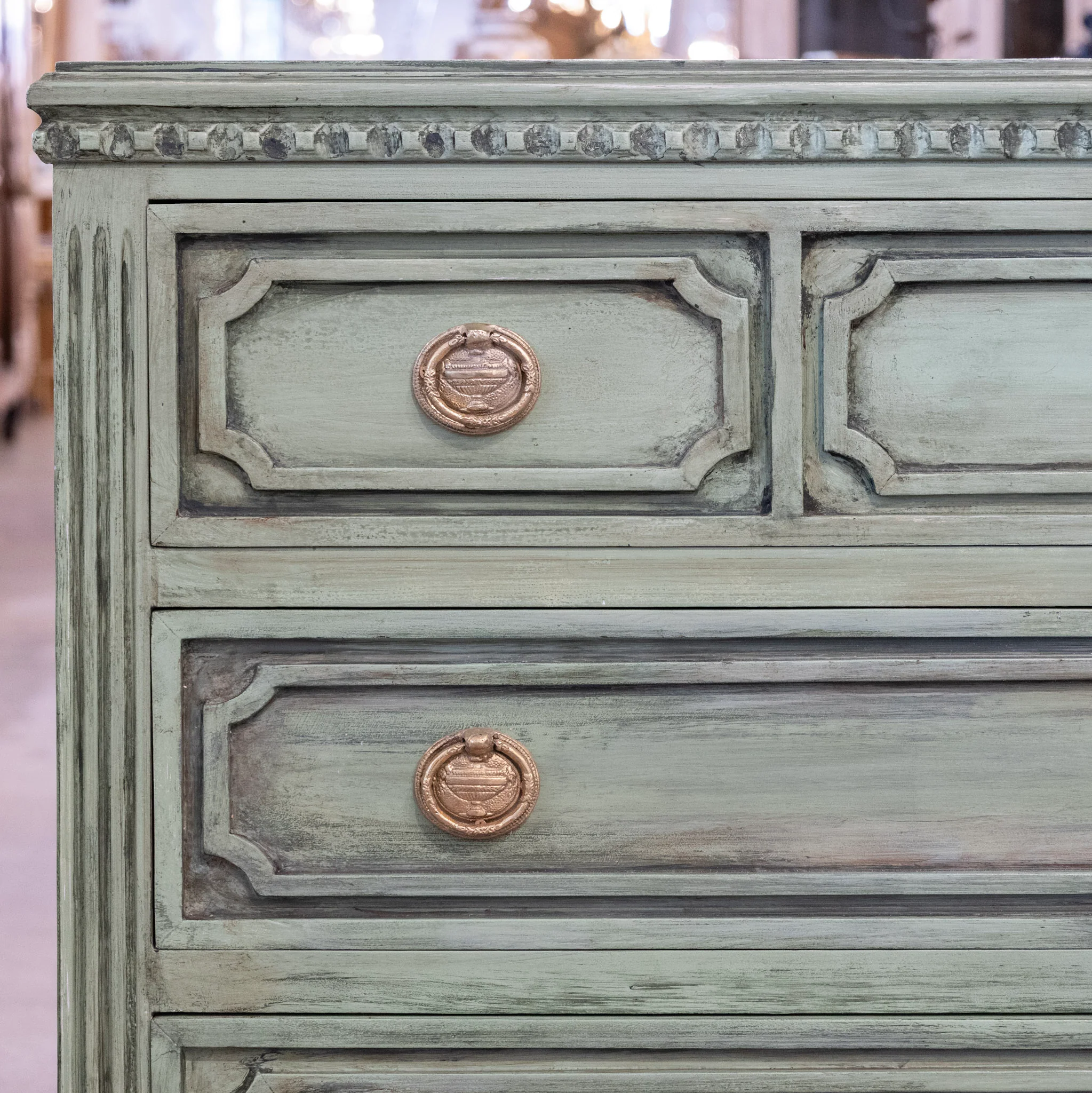Swedish 3-Drawer Carved Chest – Distressed Green Finish - Image 5