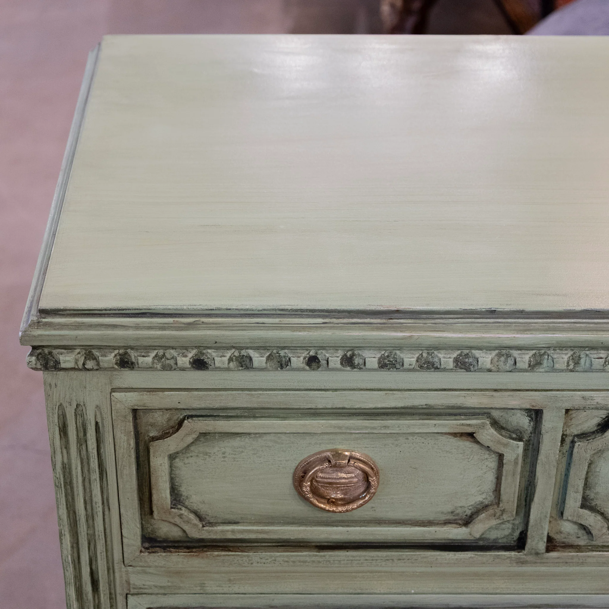 Swedish 3-Drawer Carved Chest – Distressed Green Finish - Image 8