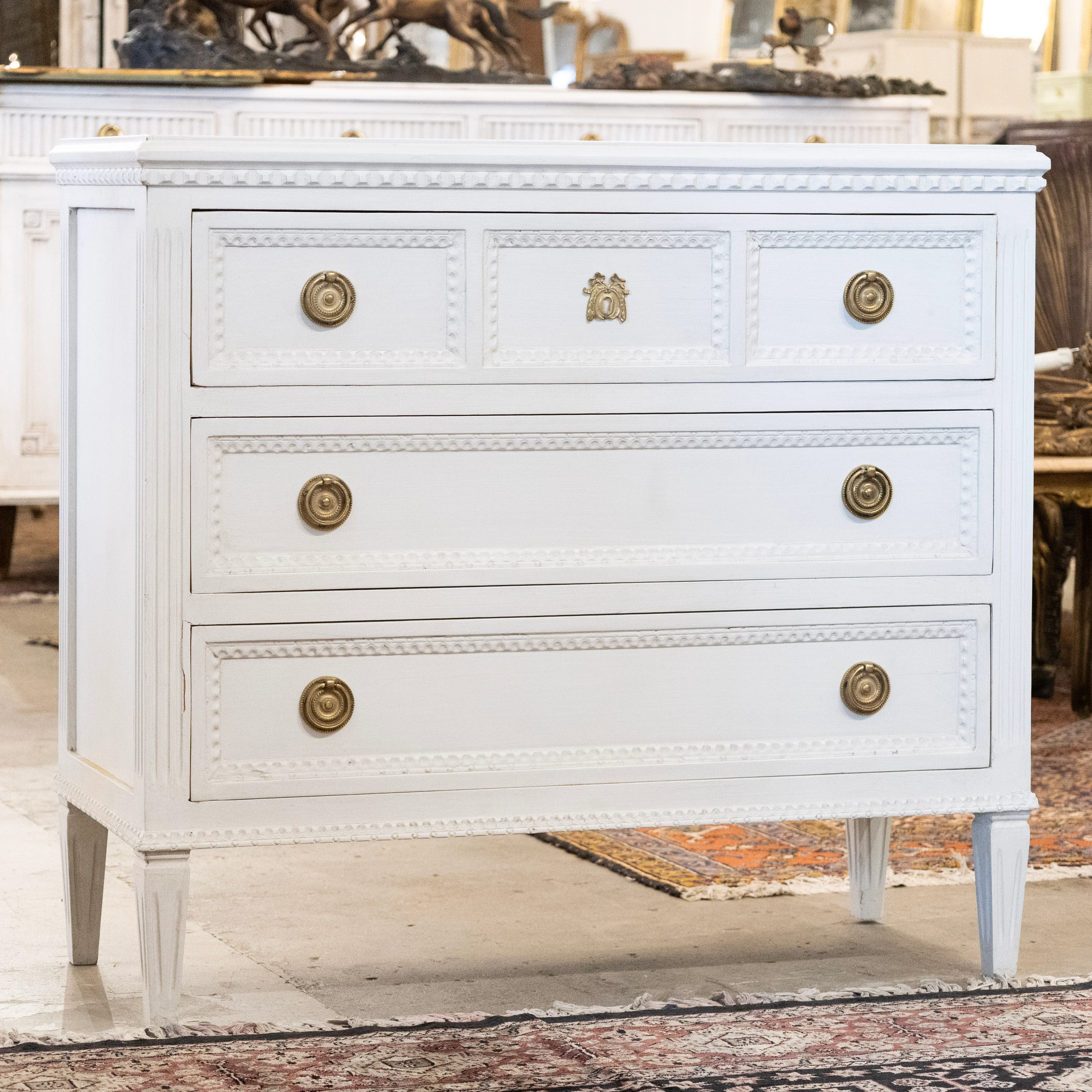 Swedish 3-Drawer Chest – Beaded Trim & Brass Hardware in Dove White - Image 2