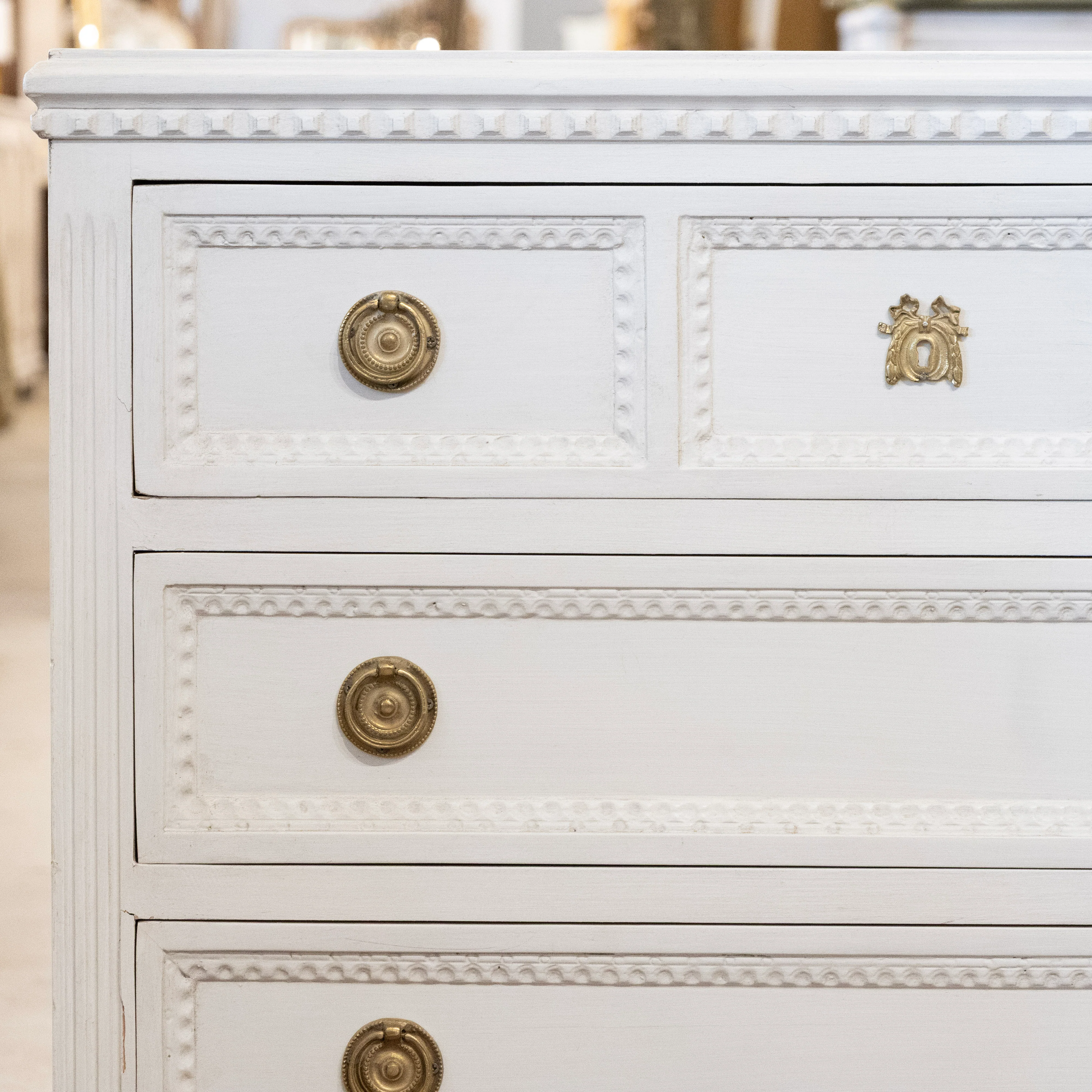 Swedish 3-Drawer Chest – Beaded Trim & Brass Hardware in Dove White - Image 4