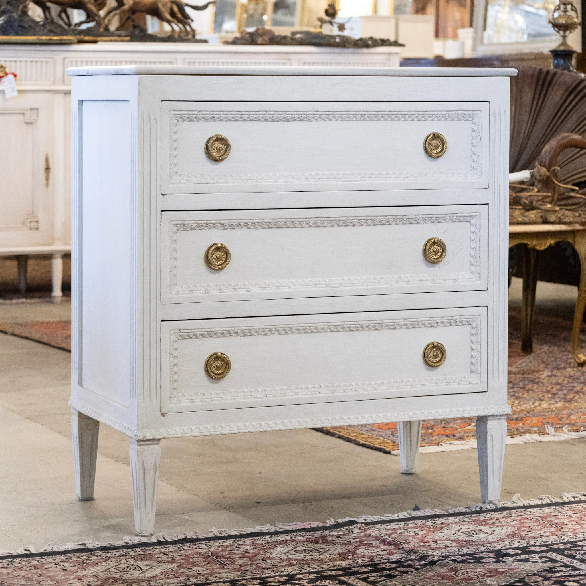 Swedish 3-Drawer Chest – Beaded Trim with White Marble Top in Dove White - Image 2