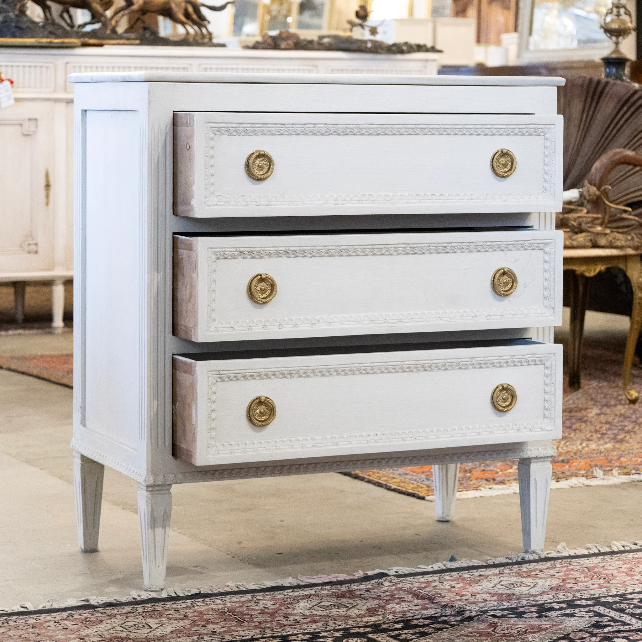 Swedish 3-Drawer Chest – Beaded Trim with White Marble Top in Dove White - Image 3
