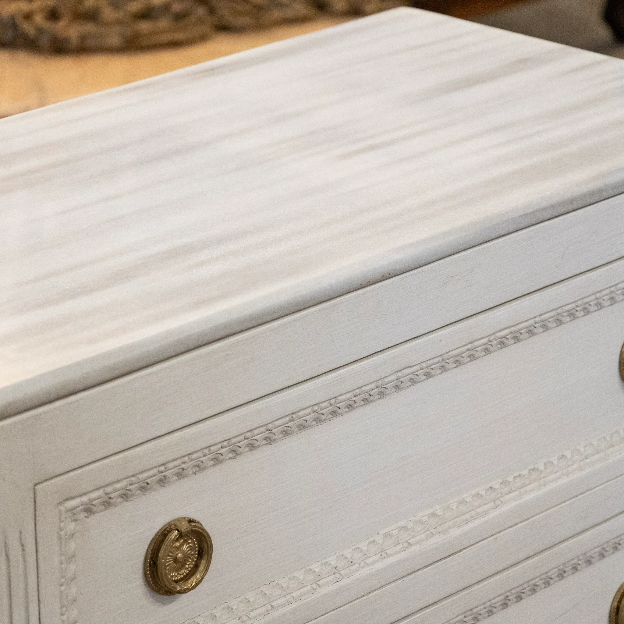 Swedish 3-Drawer Chest – Beaded Trim with White Marble Top in Dove White - Image 6