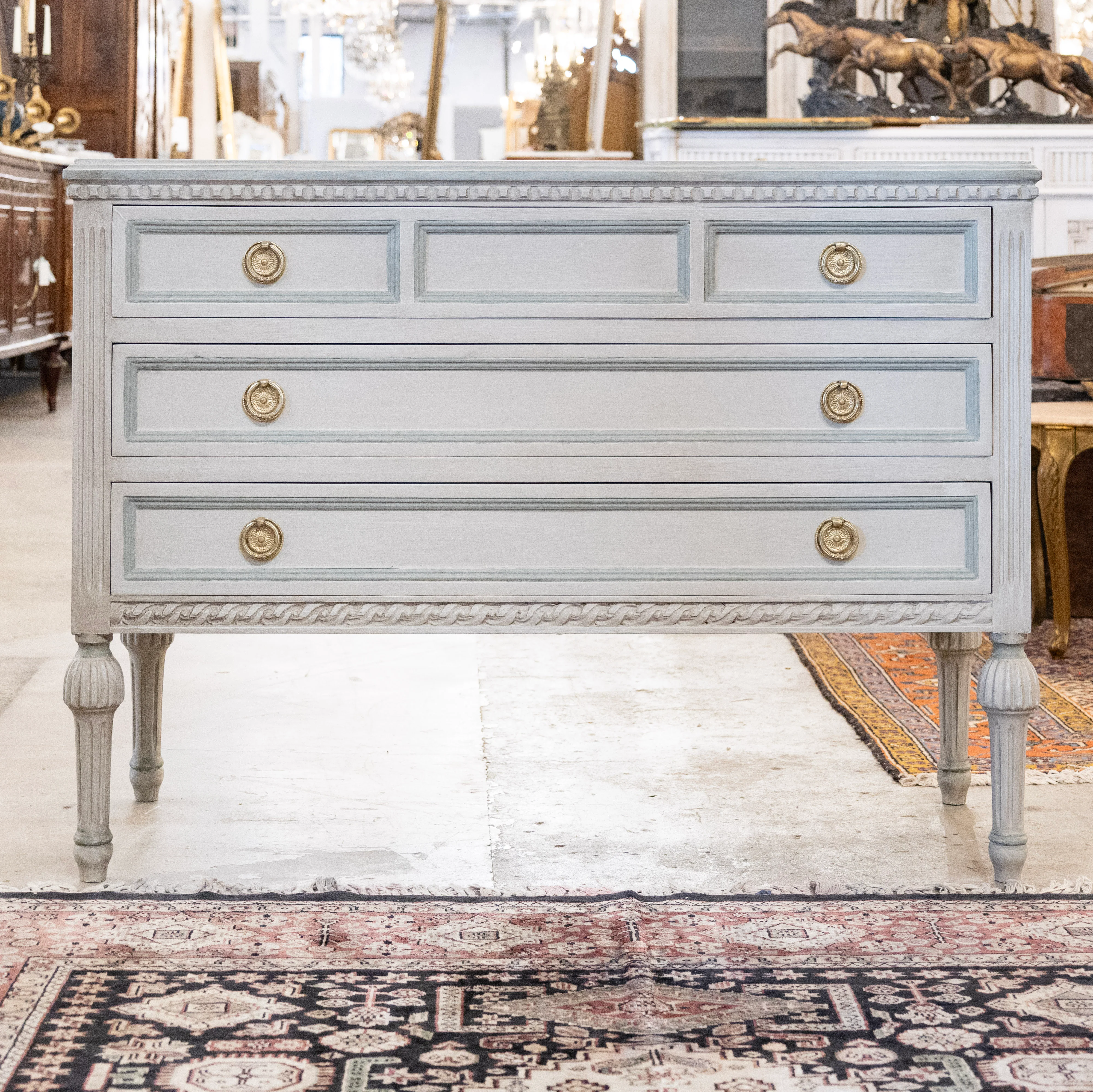 Swedish 3-Drawer Chest – Blue Paneled & Rope Trim in French Grey