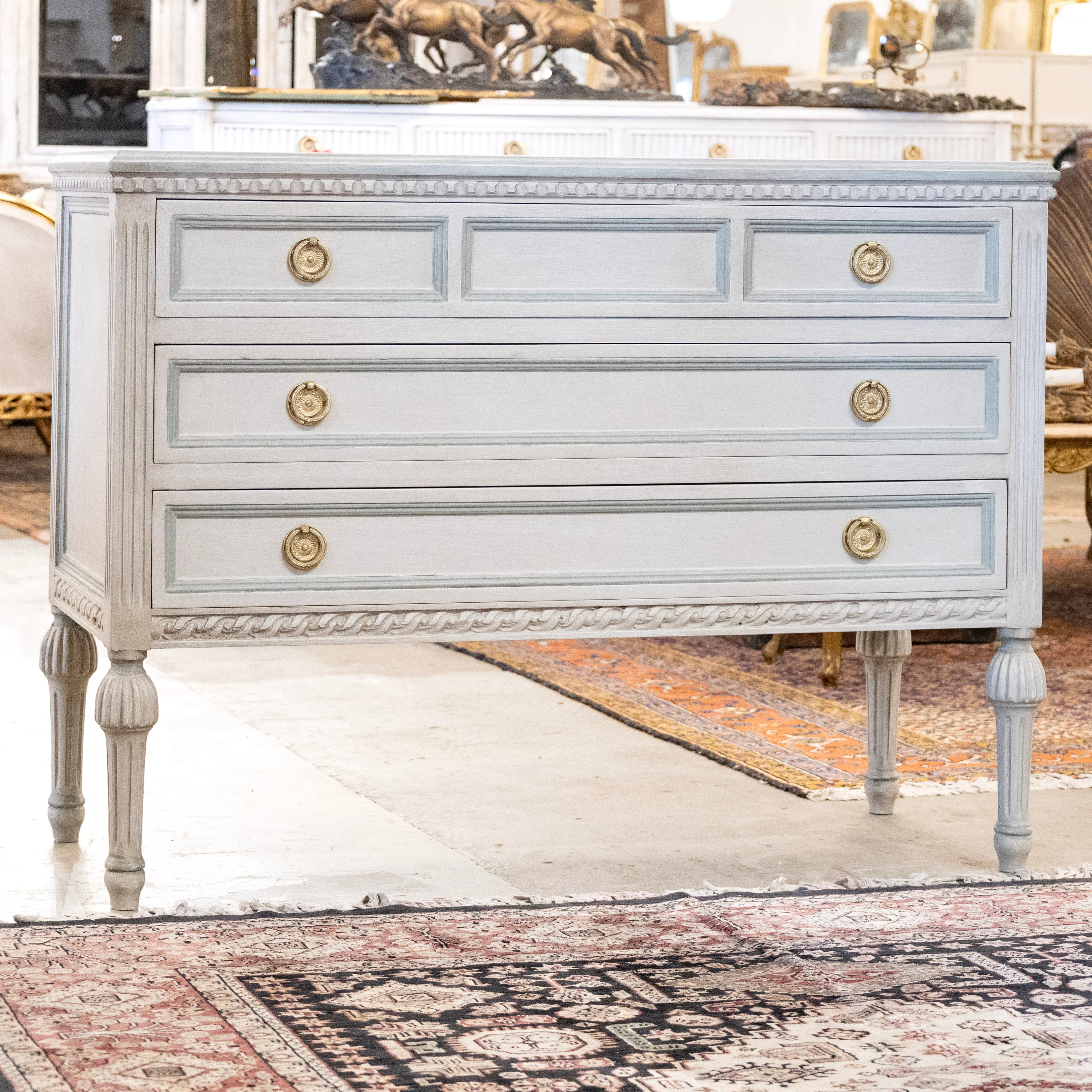 Swedish 3-Drawer Chest – Blue Paneled & Rope Trim in French Grey - Image 2