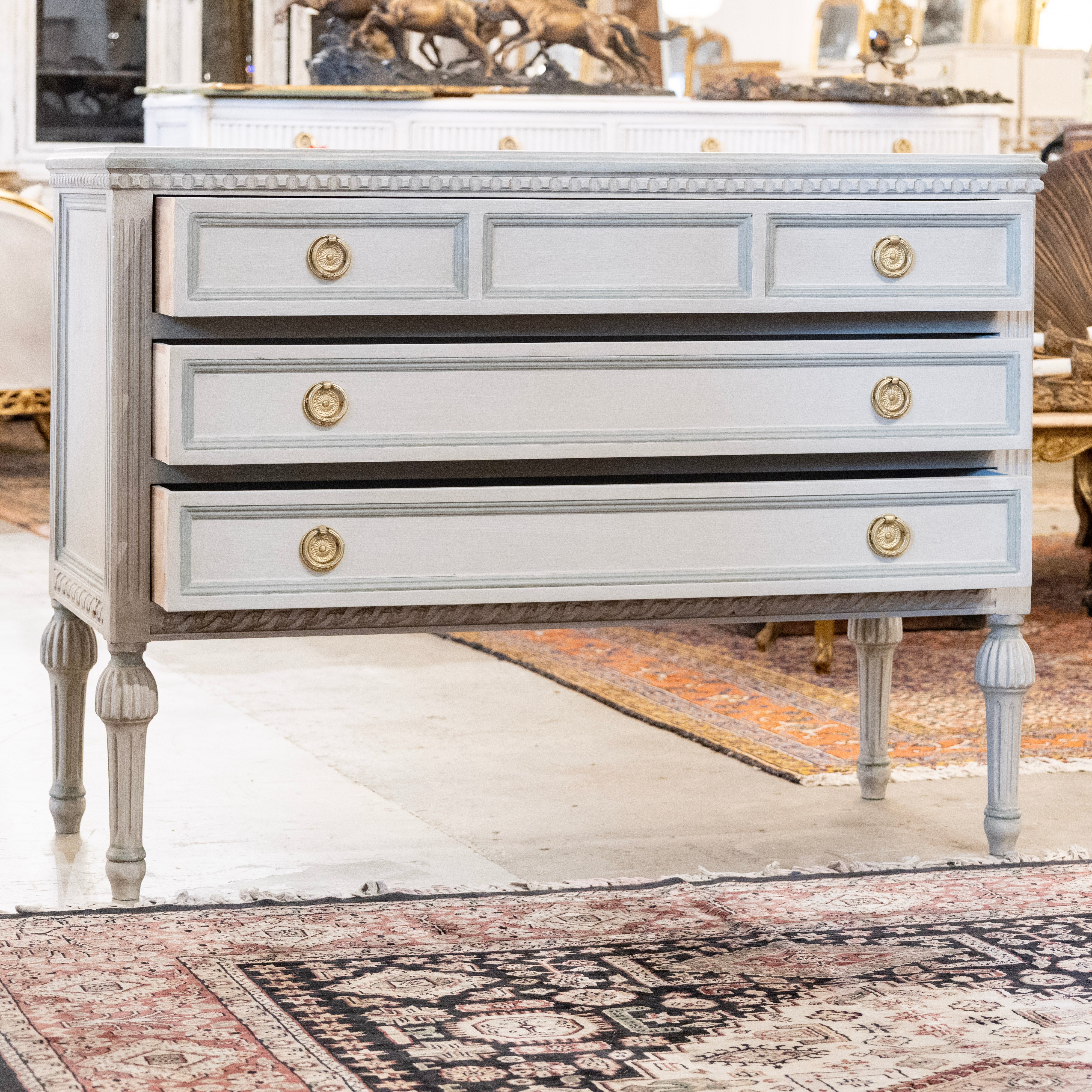 Swedish 3-Drawer Chest – Blue Paneled & Rope Trim in French Grey - Image 3