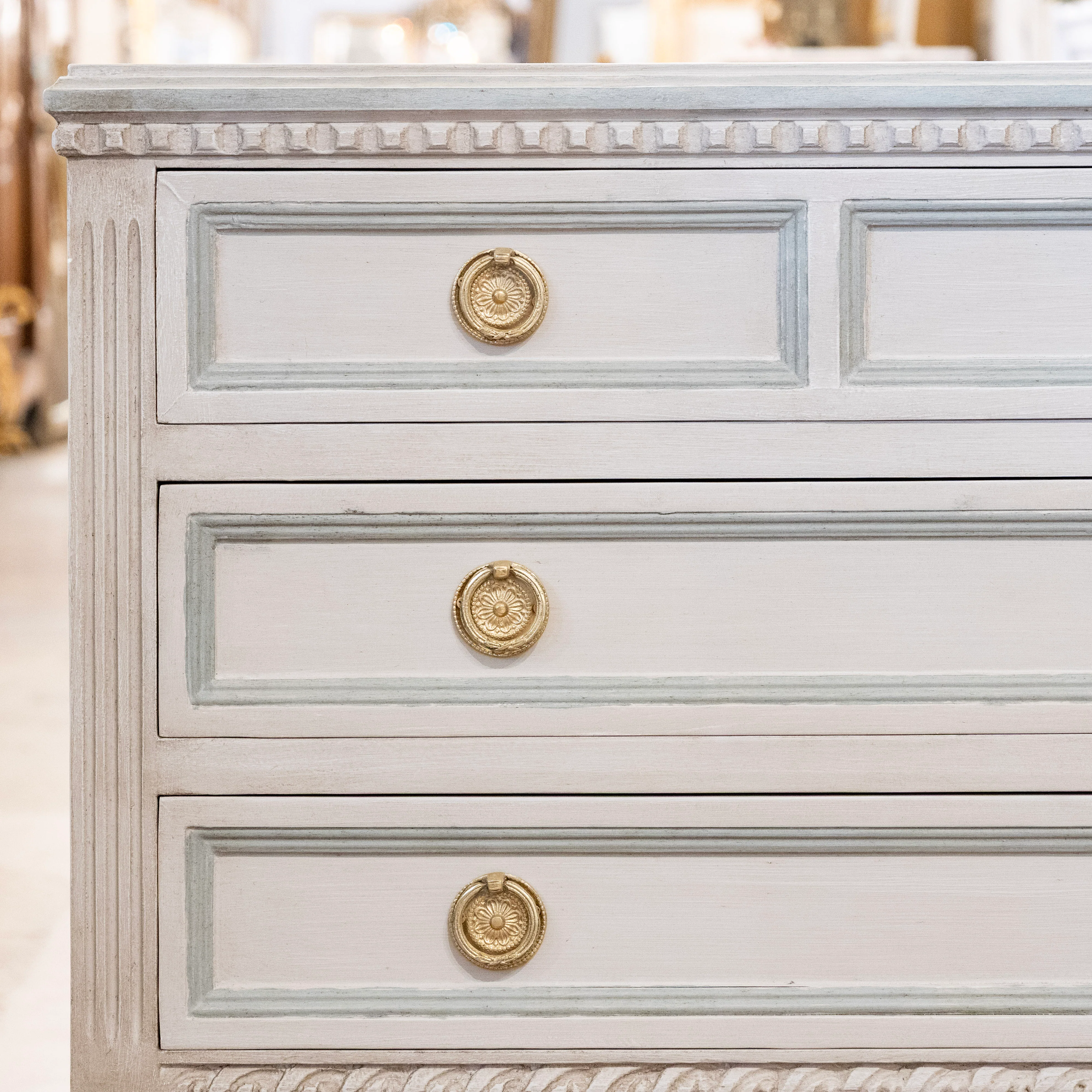 Swedish 3-Drawer Chest – Blue Paneled & Rope Trim in French Grey - Image 4