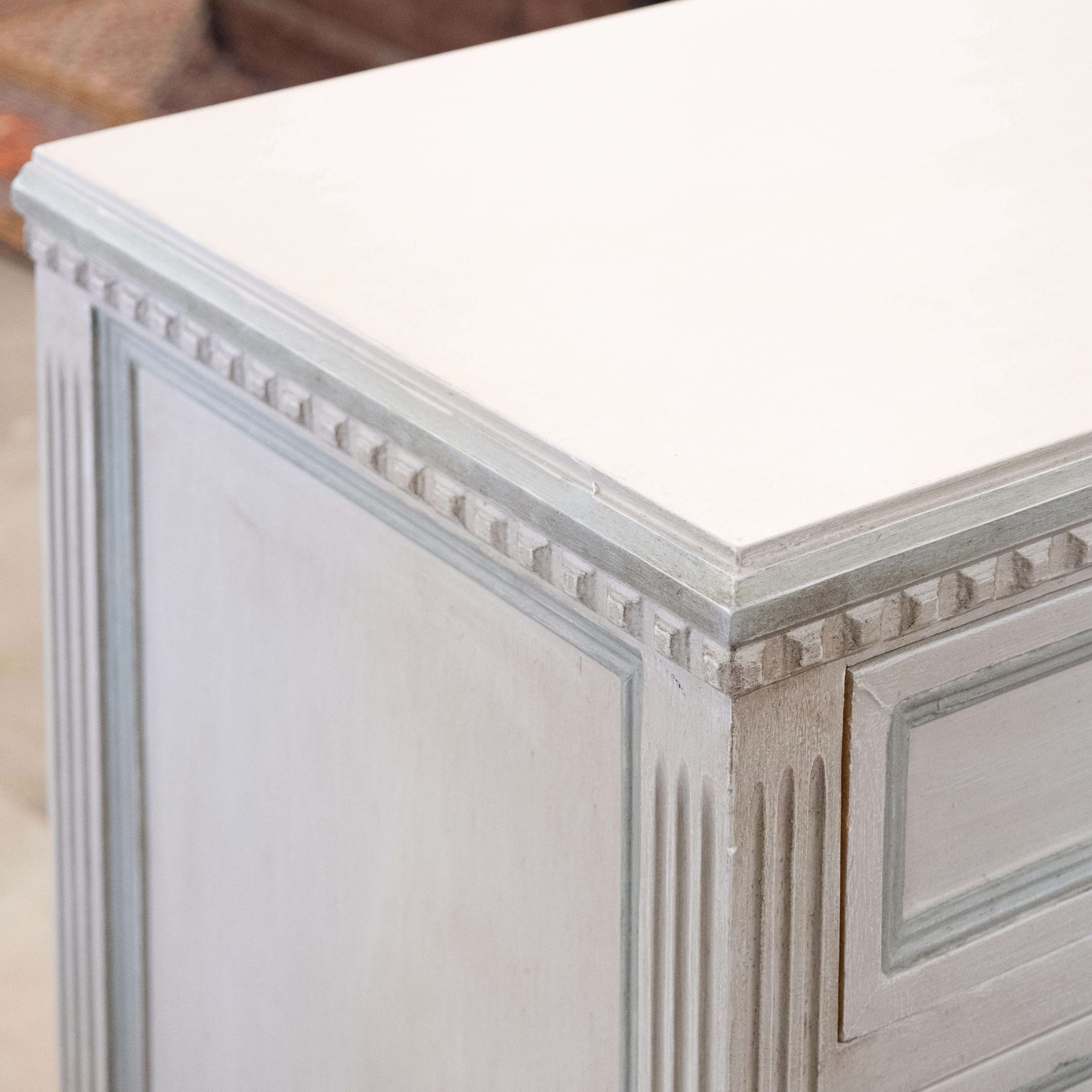 Swedish 3-Drawer Chest – Blue Paneled & Rope Trim in French Grey - Image 6