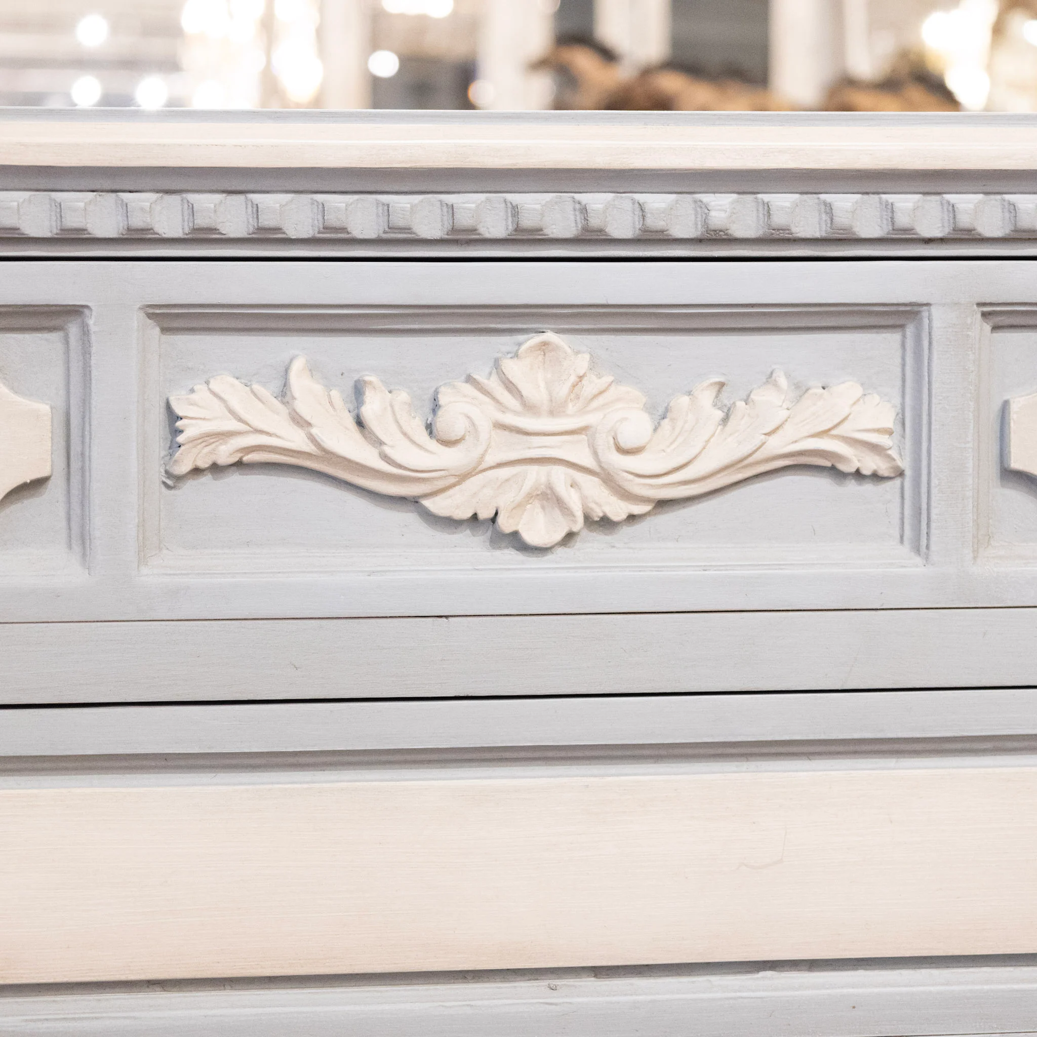 Swedish 3-Drawer Chest – Blue & White Finish with Floral Carving - Image 6