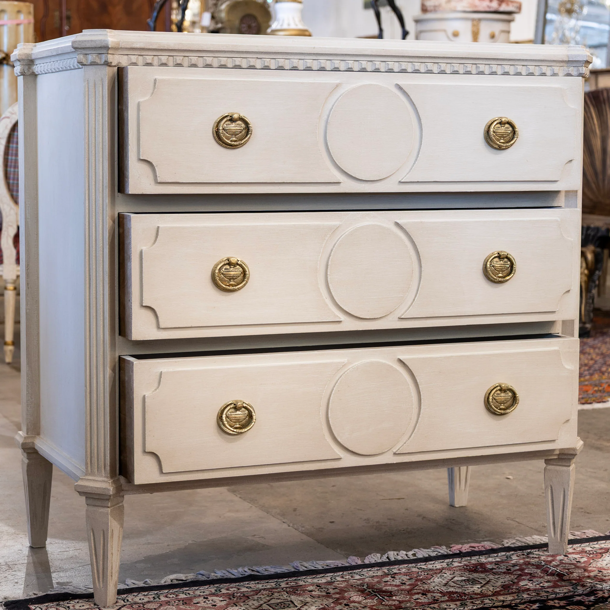 Swedish 3-Drawer Chest – Canted Corners & Circular Carved Detail in Antique White - Image 2