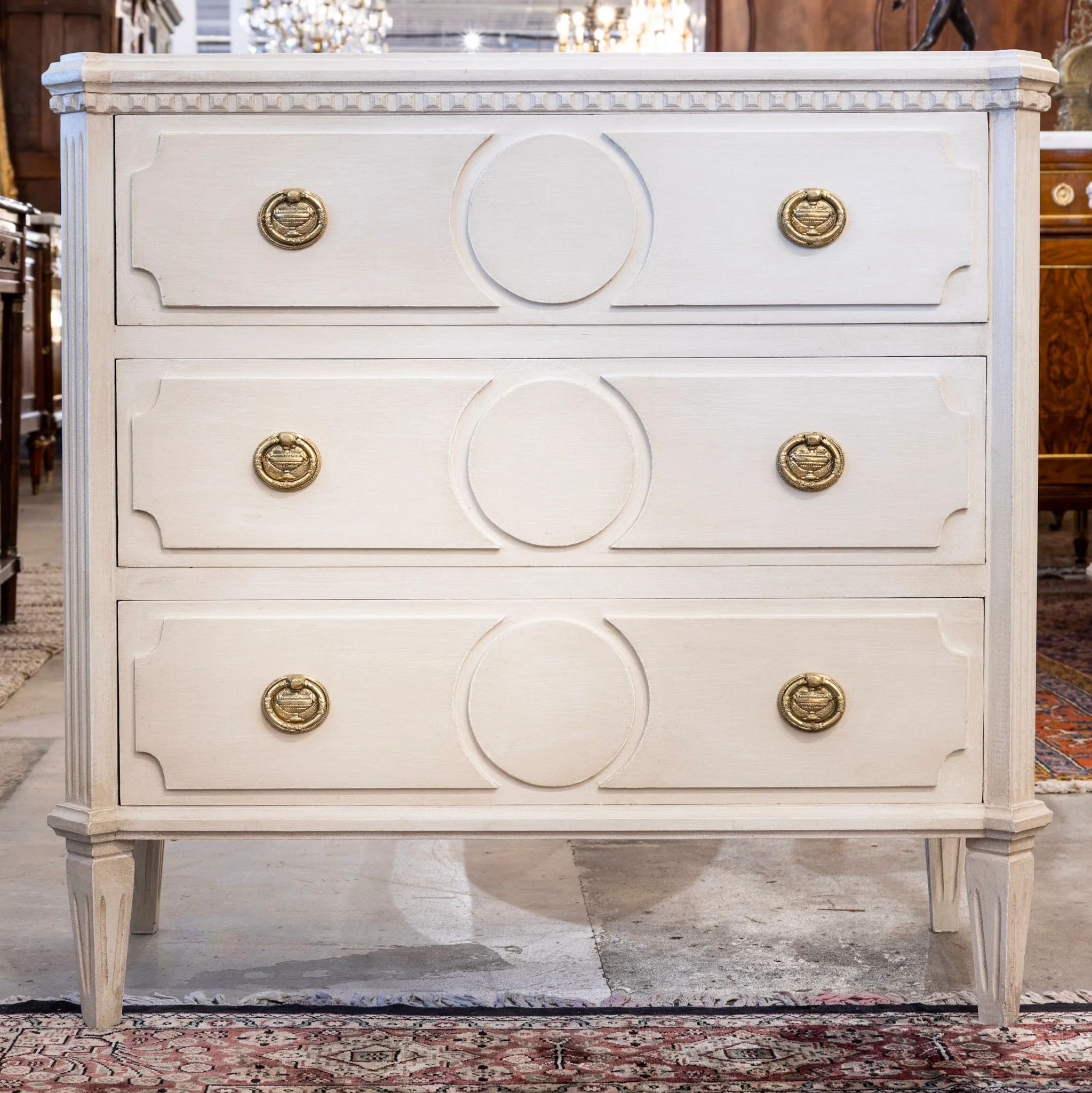 Swedish 3-Drawer Chest – Canted Corners & Circular Carved Detail in Antique White - Image 3