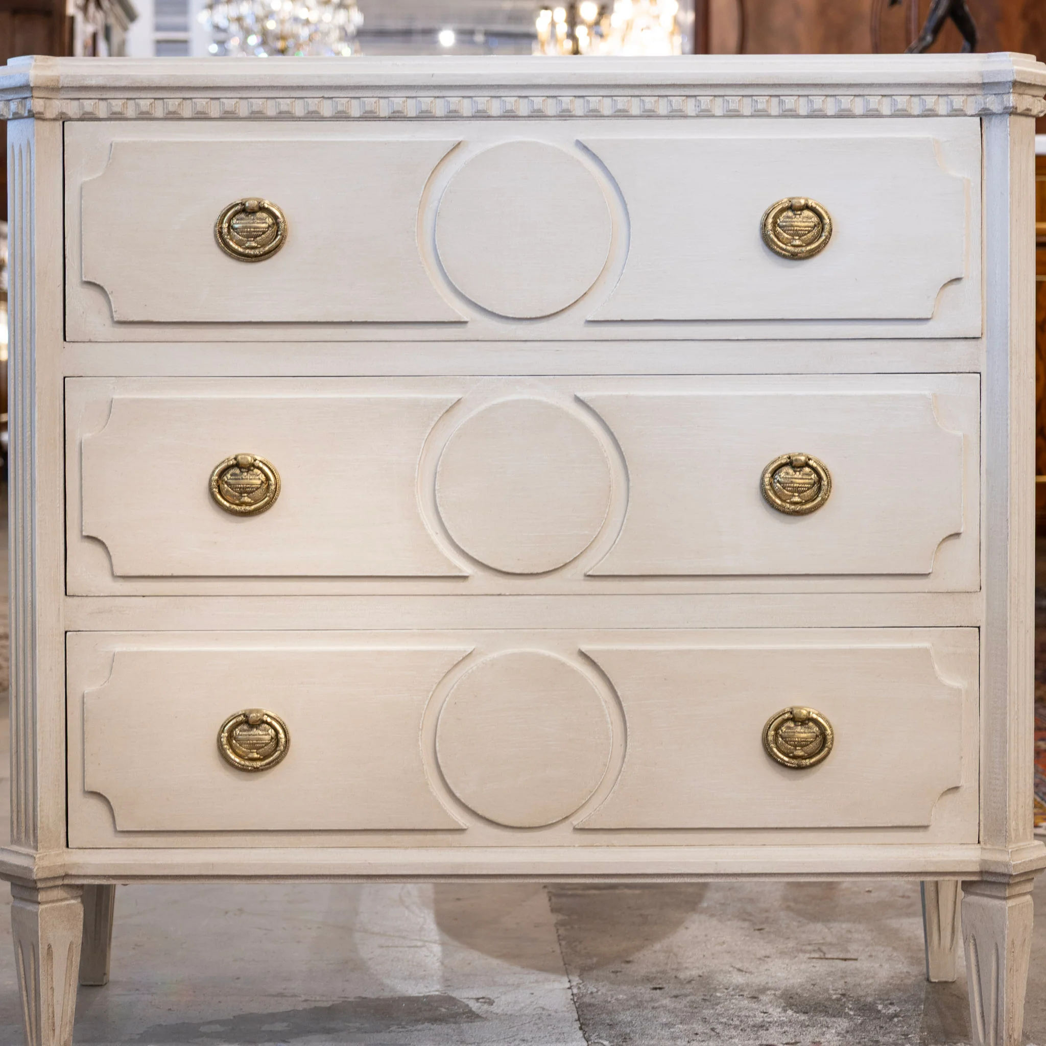 Swedish 3-Drawer Chest – Canted Corners & Circular Carved Detail in Antique White - Image 4