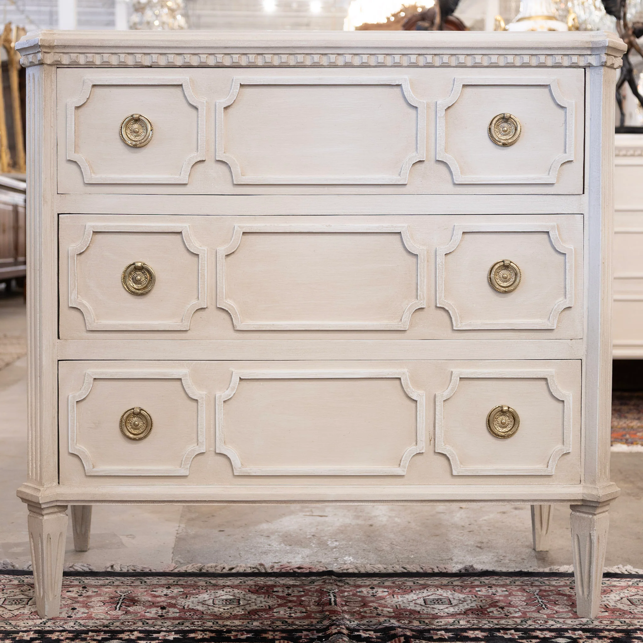 Swedish 3-Drawer Chest – Canted Corners & Open Geometric Trim in Antique White