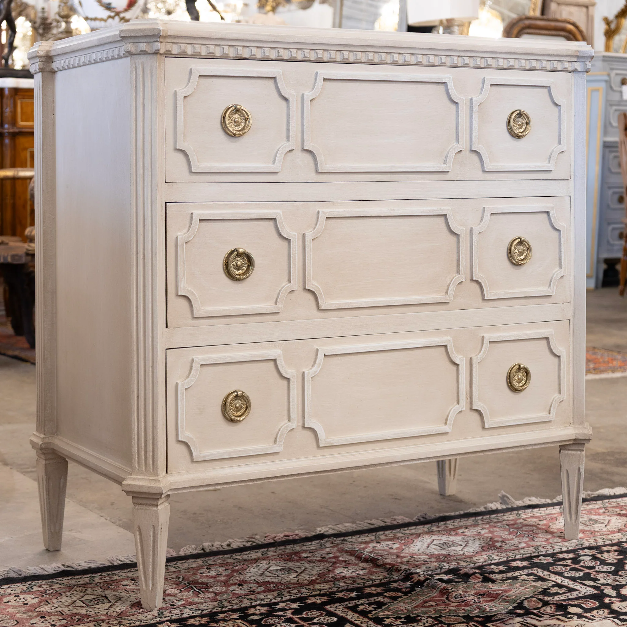 Swedish 3-Drawer Chest – Canted Corners & Open Geometric Trim in Antique White - Image 2