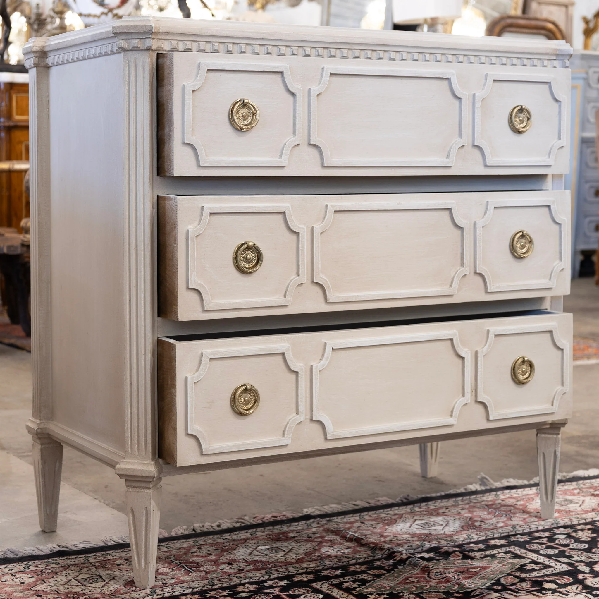 Swedish 3-Drawer Chest – Canted Corners & Open Geometric Trim in Antique White - Image 3