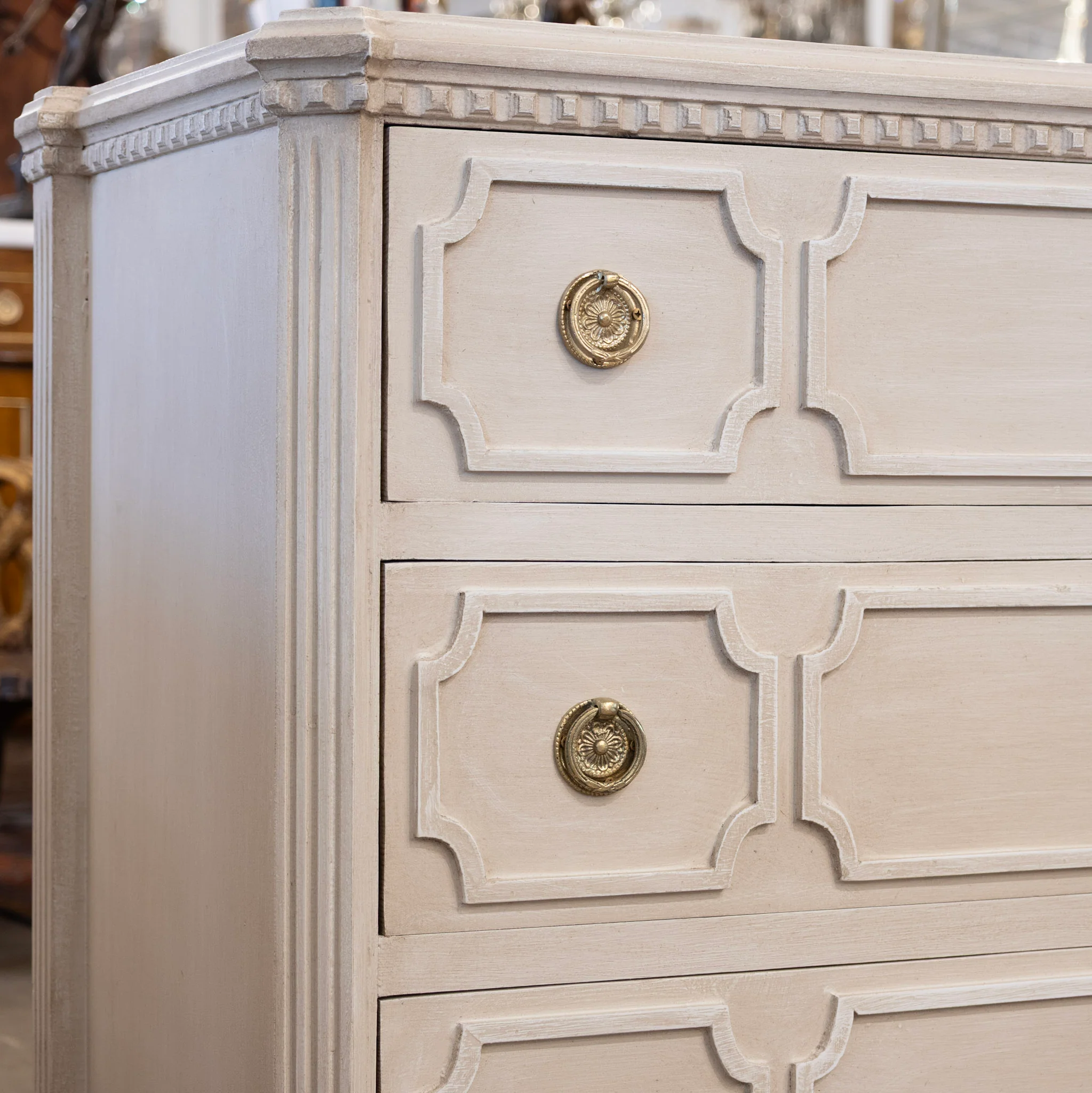 Swedish 3-Drawer Chest – Canted Corners & Open Geometric Trim in Antique White - Image 5