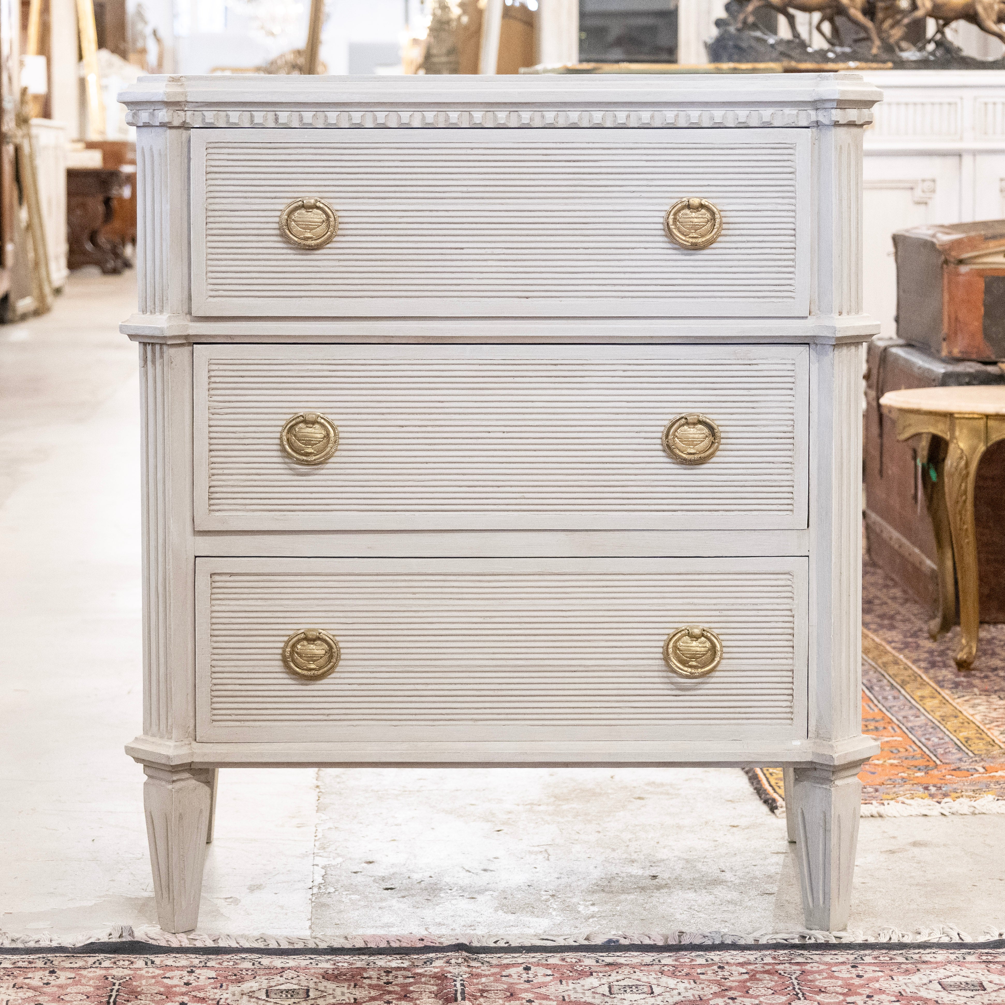 Swedish 3-Drawer Chest – Canted Corners & Reeded Drawers in French Grey