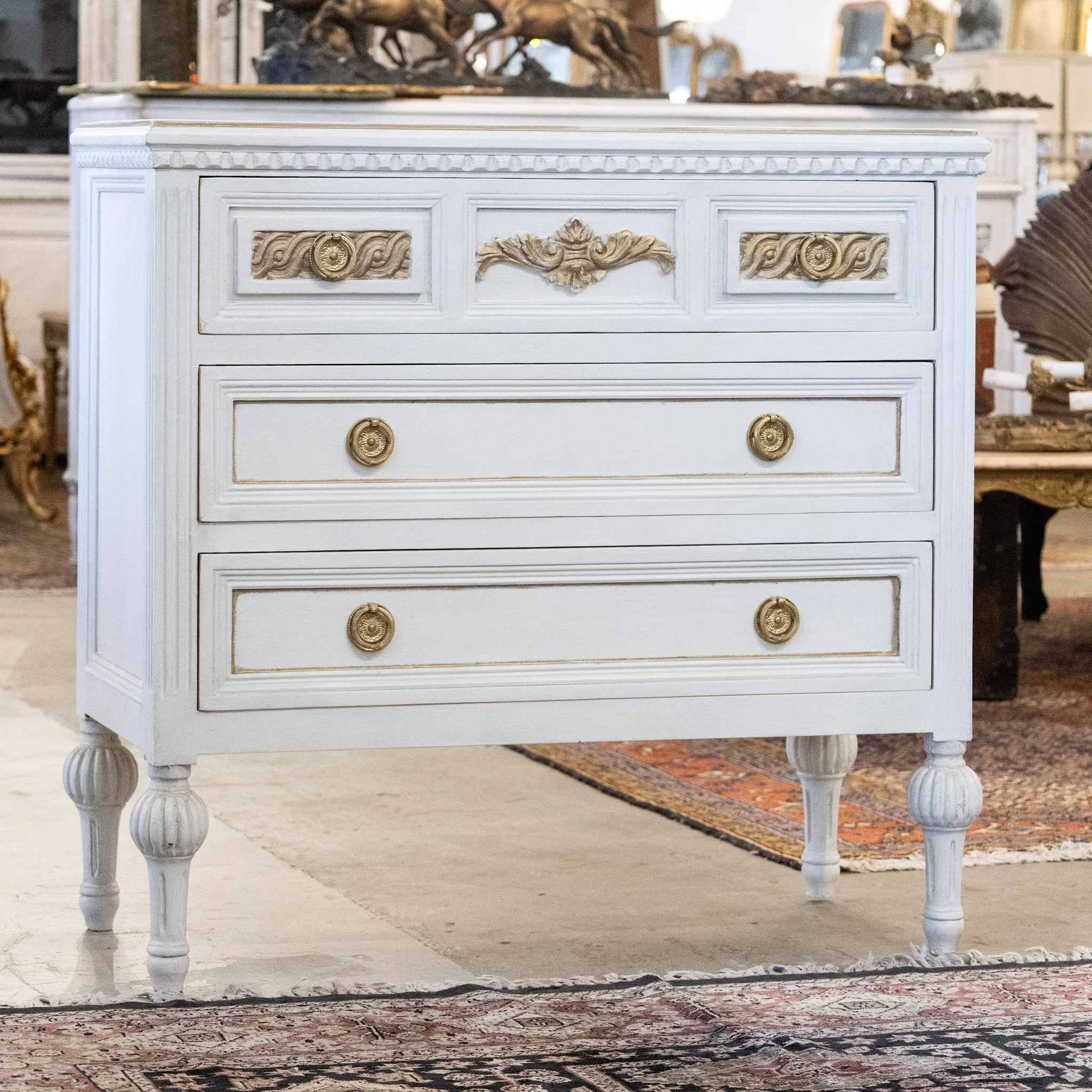 Swedish 3-Drawer Chest – Carved Gilded Detail & Ballerina Legs in Dove White - Image 2