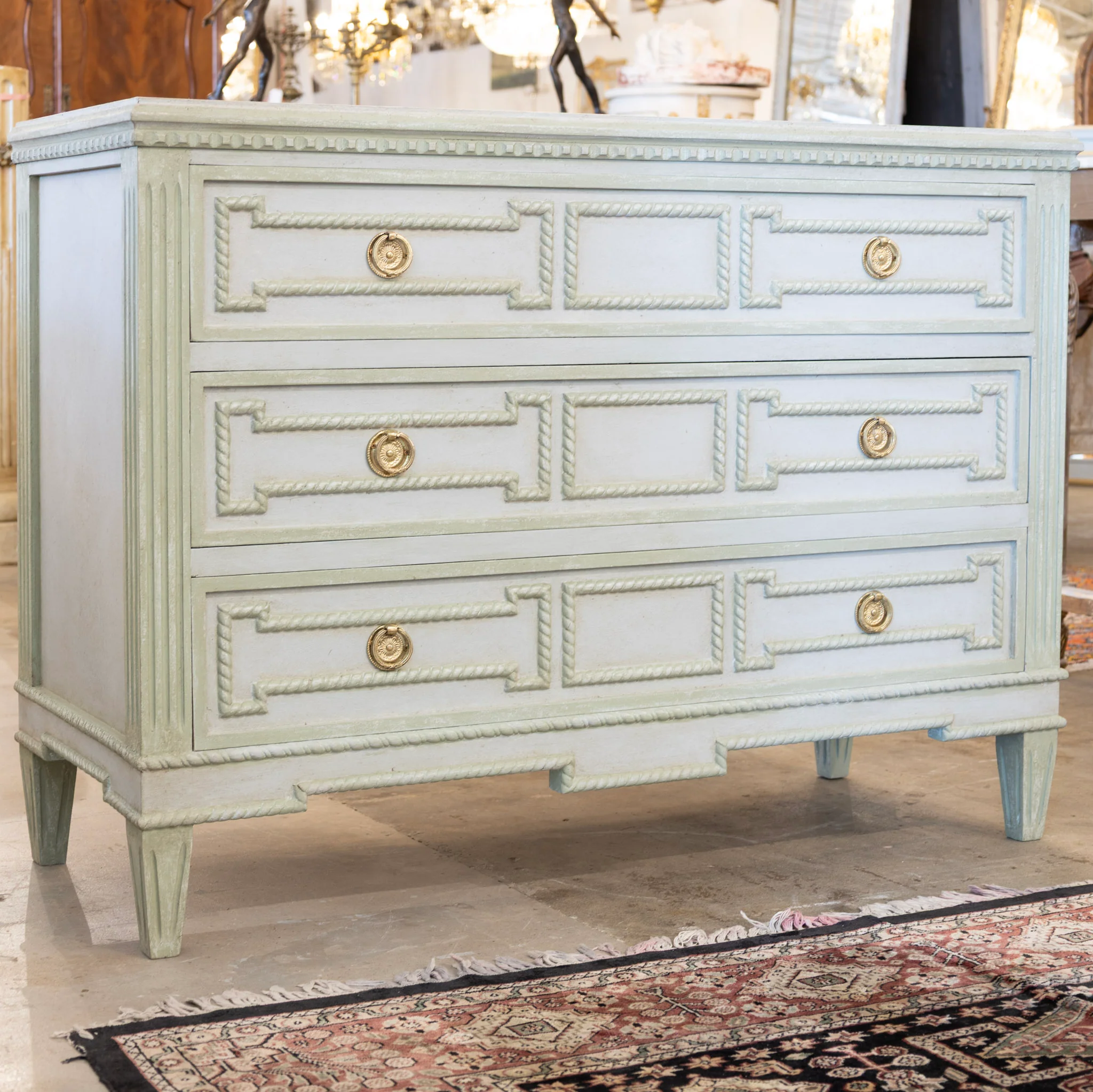 Swedish 3-Drawer Chest – Carved Open Rope Trim & Green-Blue Finish - Image 2