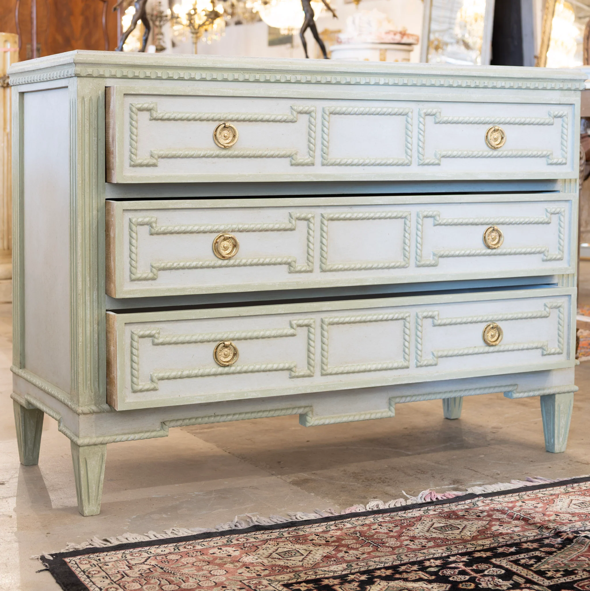 Swedish 3-Drawer Chest – Carved Open Rope Trim & Green-Blue Finish - Image 3