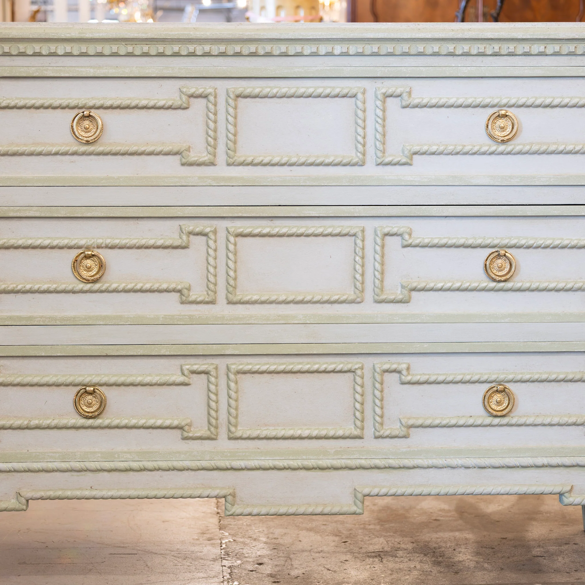 Swedish 3-Drawer Chest – Carved Open Rope Trim & Green-Blue Finish - Image 4
