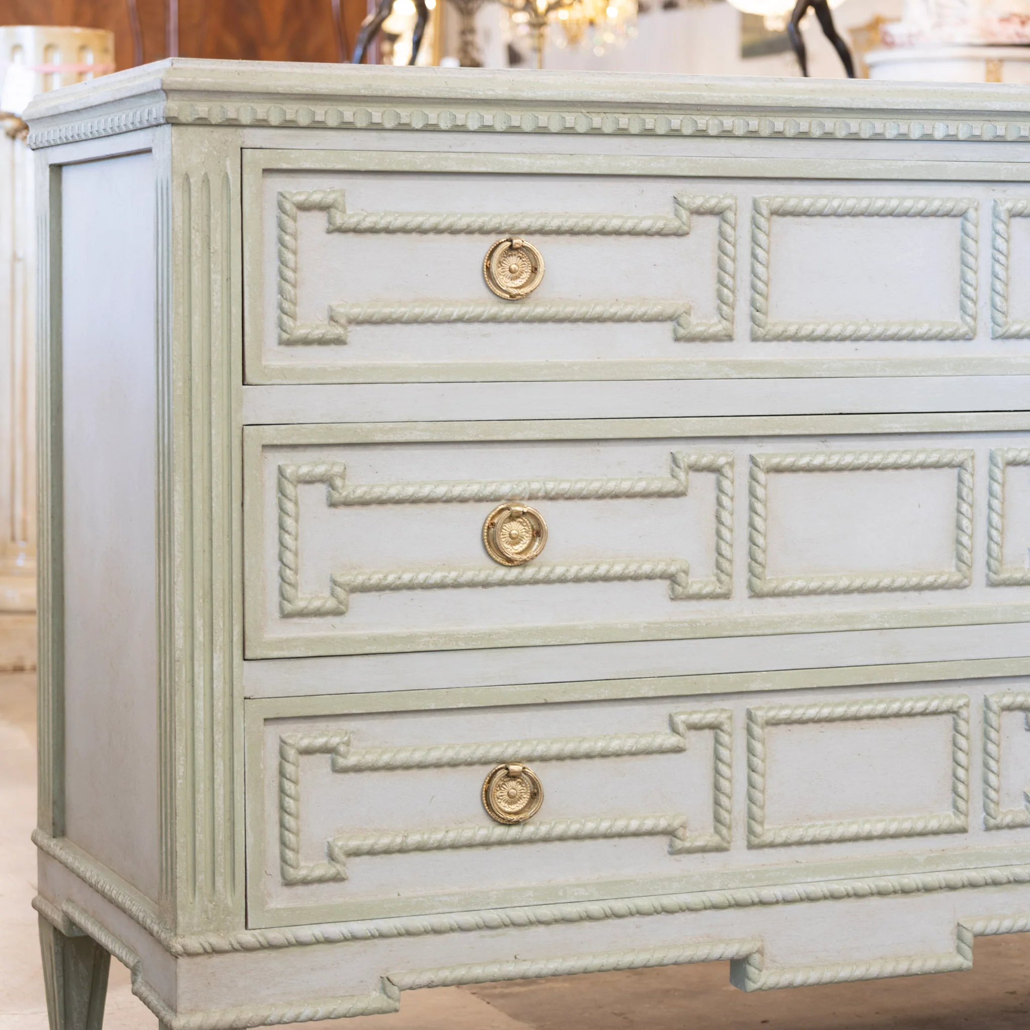 Swedish 3-Drawer Chest – Carved Open Rope Trim & Green-Blue Finish - Image 5