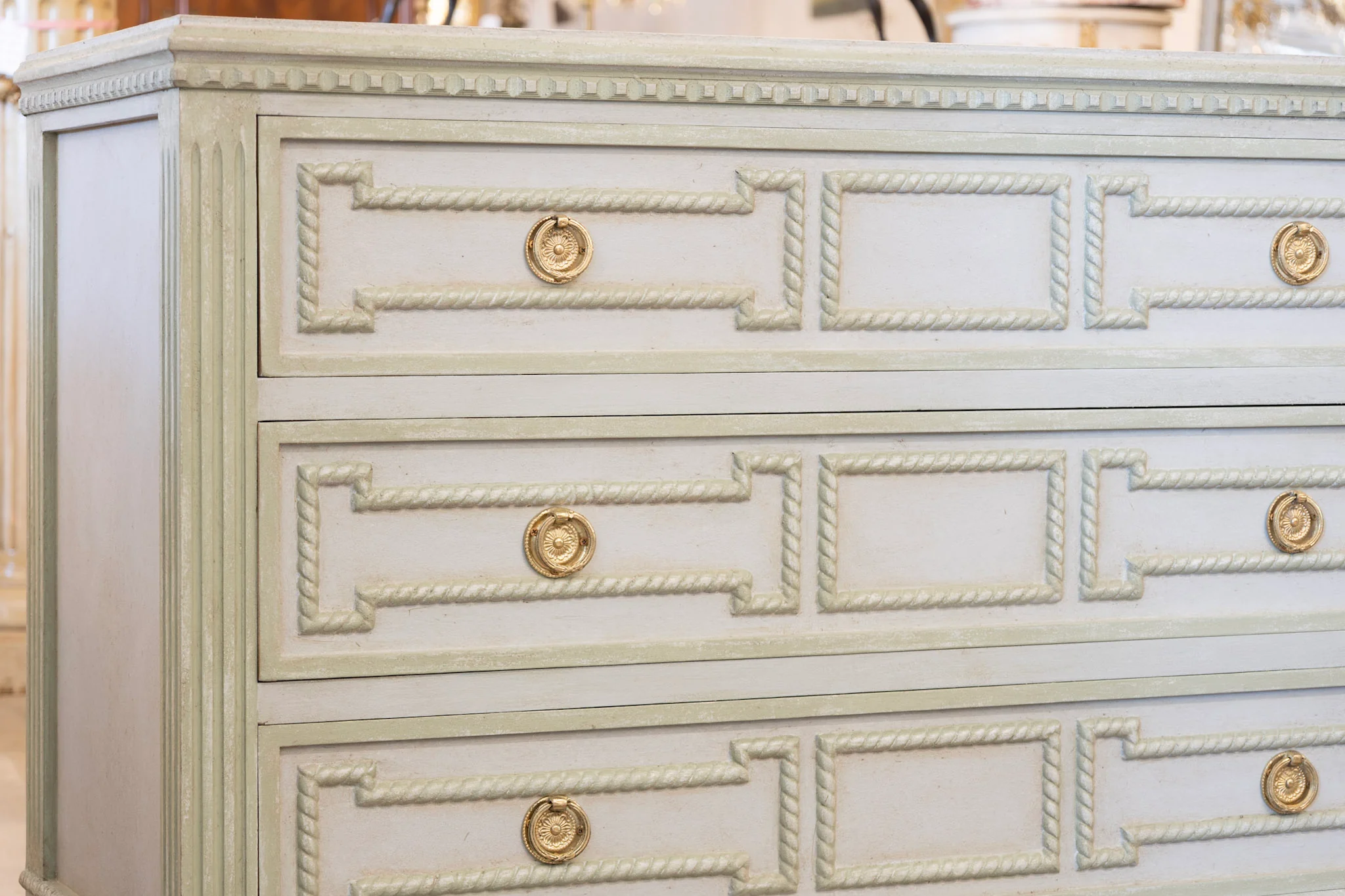 Swedish 3-Drawer Chest – Carved Open Rope Trim & Green-Blue Finish - Image 7