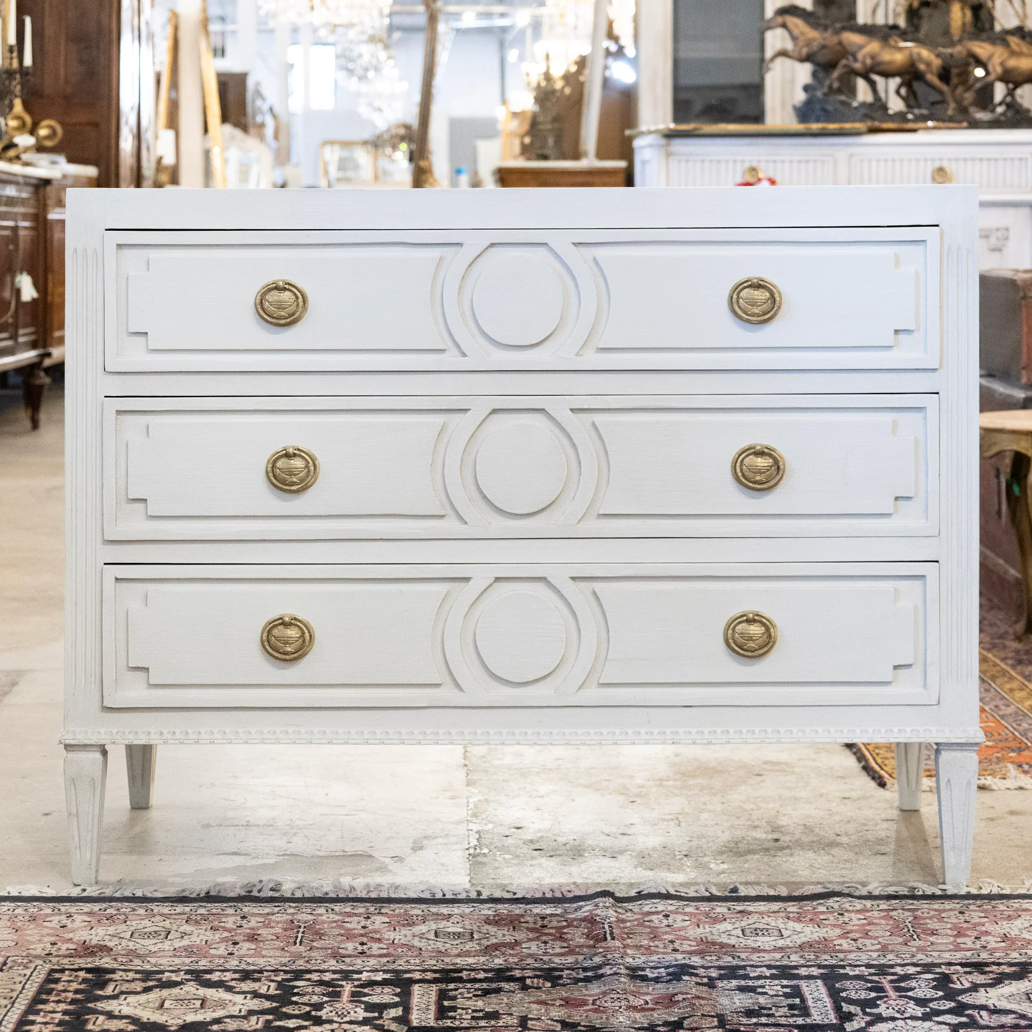 Swedish 3-Drawer Chest – Circular & Closed Block Trim in Dove White