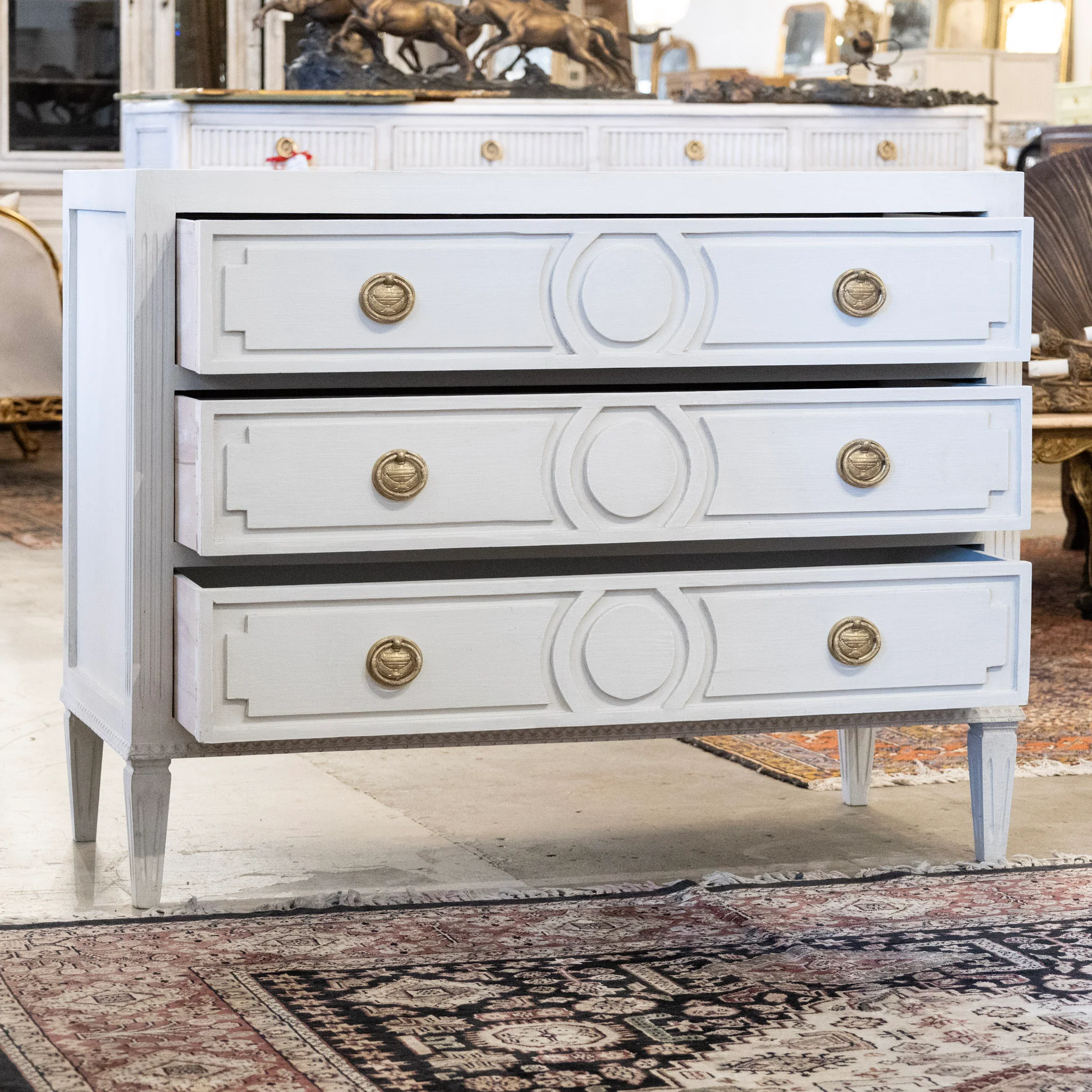 Swedish 3-Drawer Chest – Circular & Closed Block Trim in Dove White - Image 3