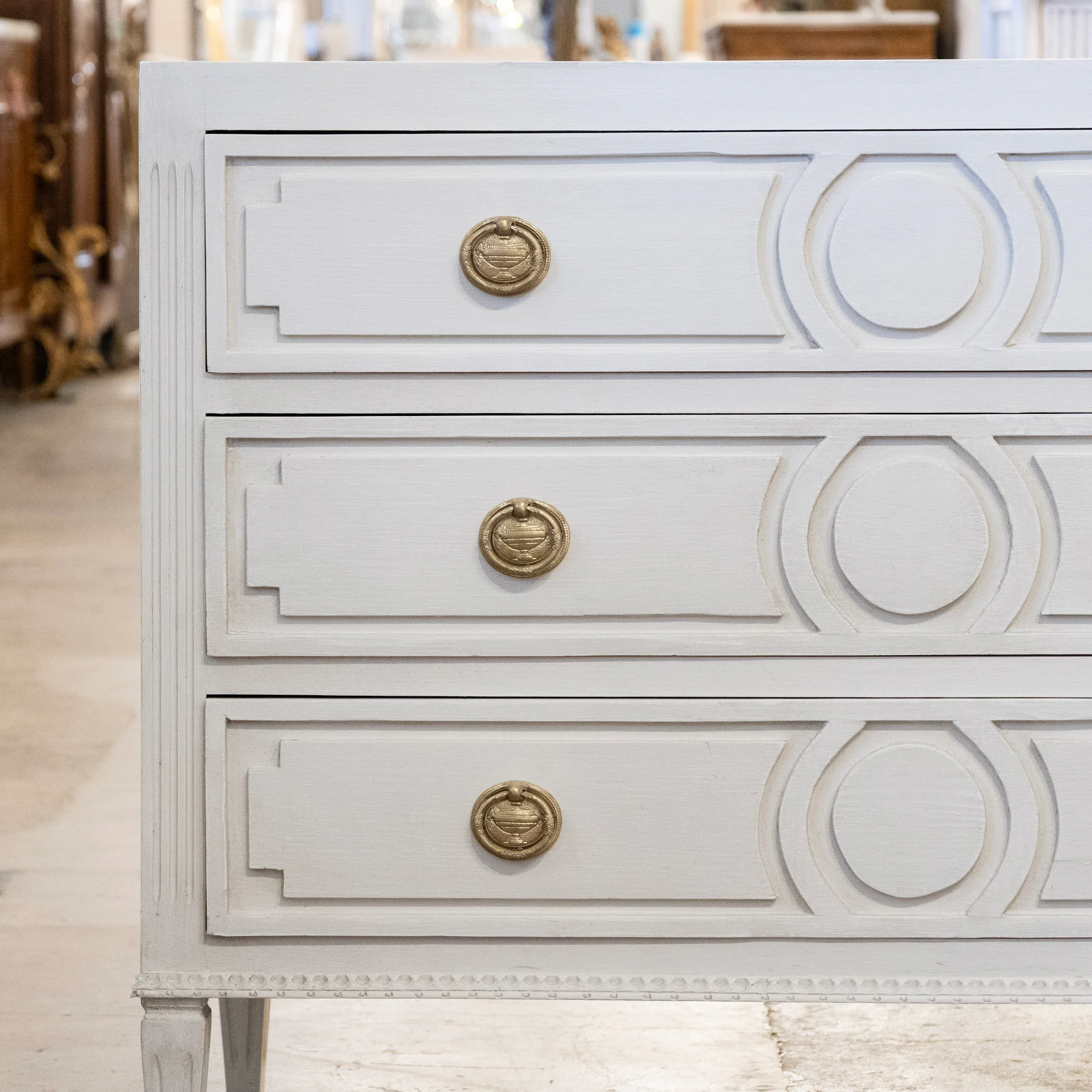 Swedish 3-Drawer Chest – Circular & Closed Block Trim in Dove White - Image 4