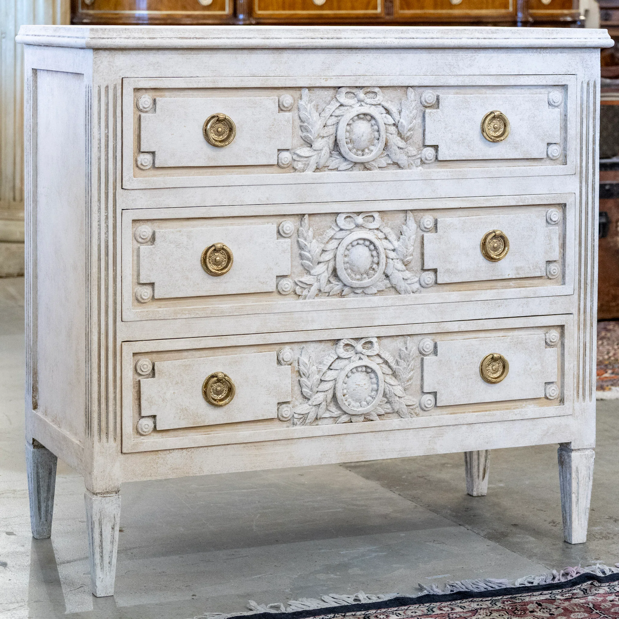 Swedish 3-Drawer Chest – Closed Block Carved Wreath Trim Detailing in Distressed Grey Finish - Image 2