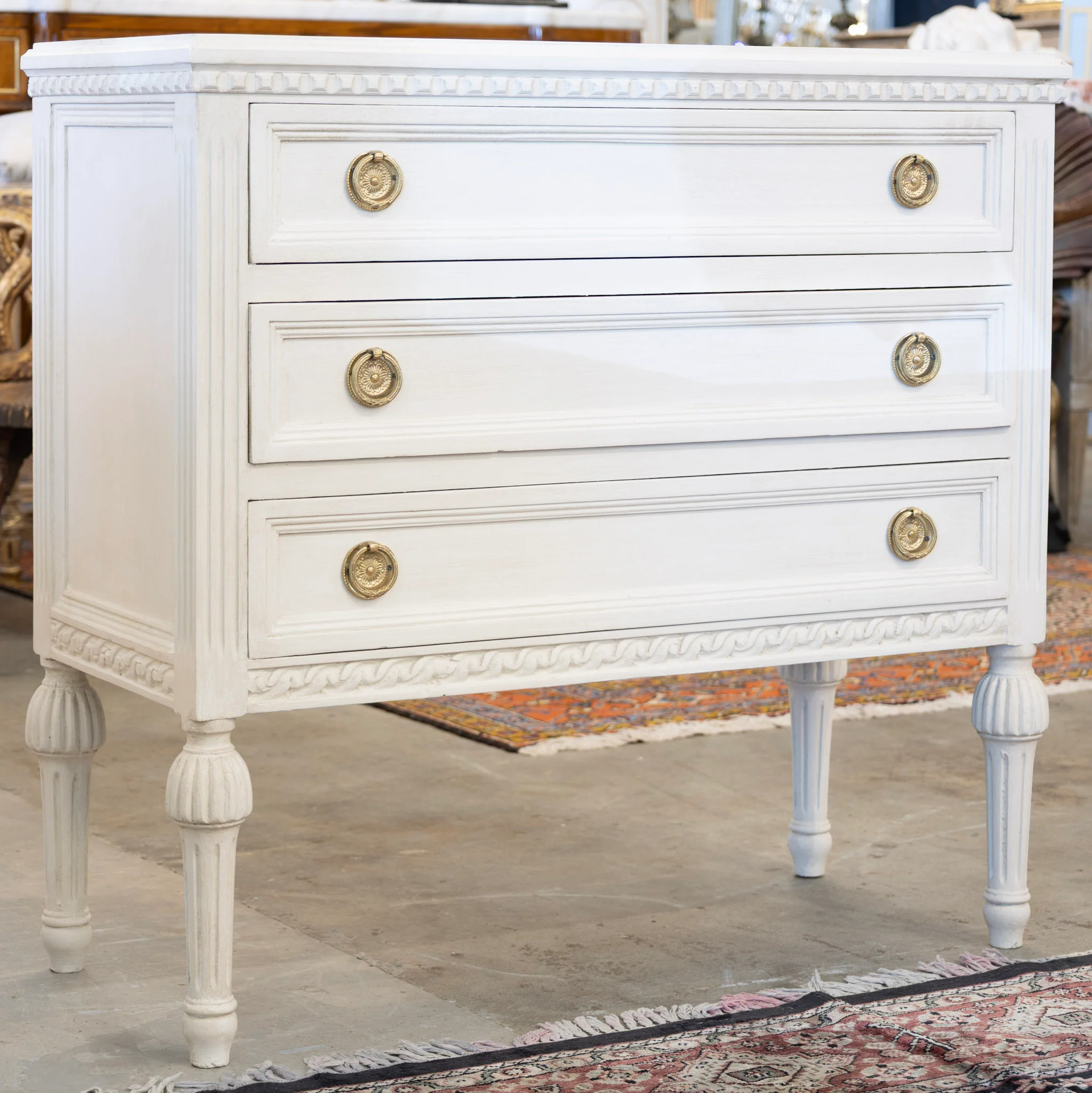 Swedish 3-Drawer Chest – Dentil Molding & Ballerina Legs in Dove White
