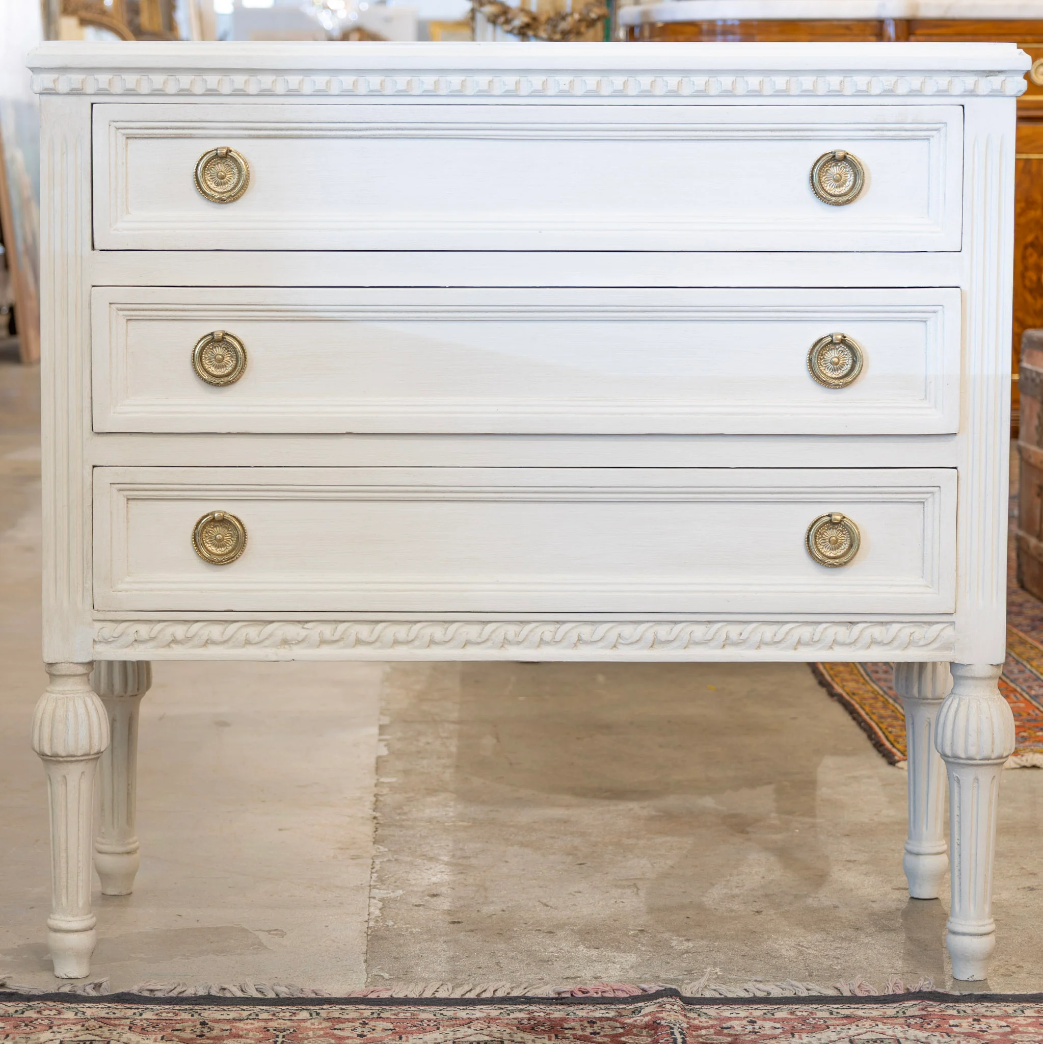 Swedish 3-Drawer Chest – Dentil Molding & Ballerina Legs in Dove White - Image 3