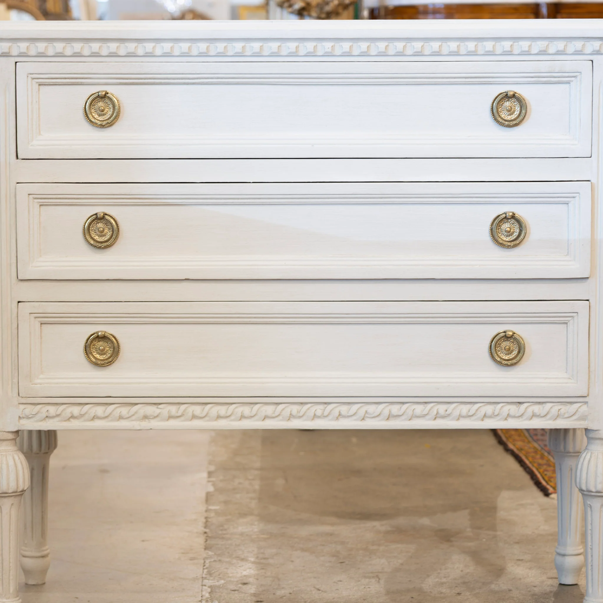 Swedish 3-Drawer Chest – Dentil Molding & Ballerina Legs in Dove White - Image 4