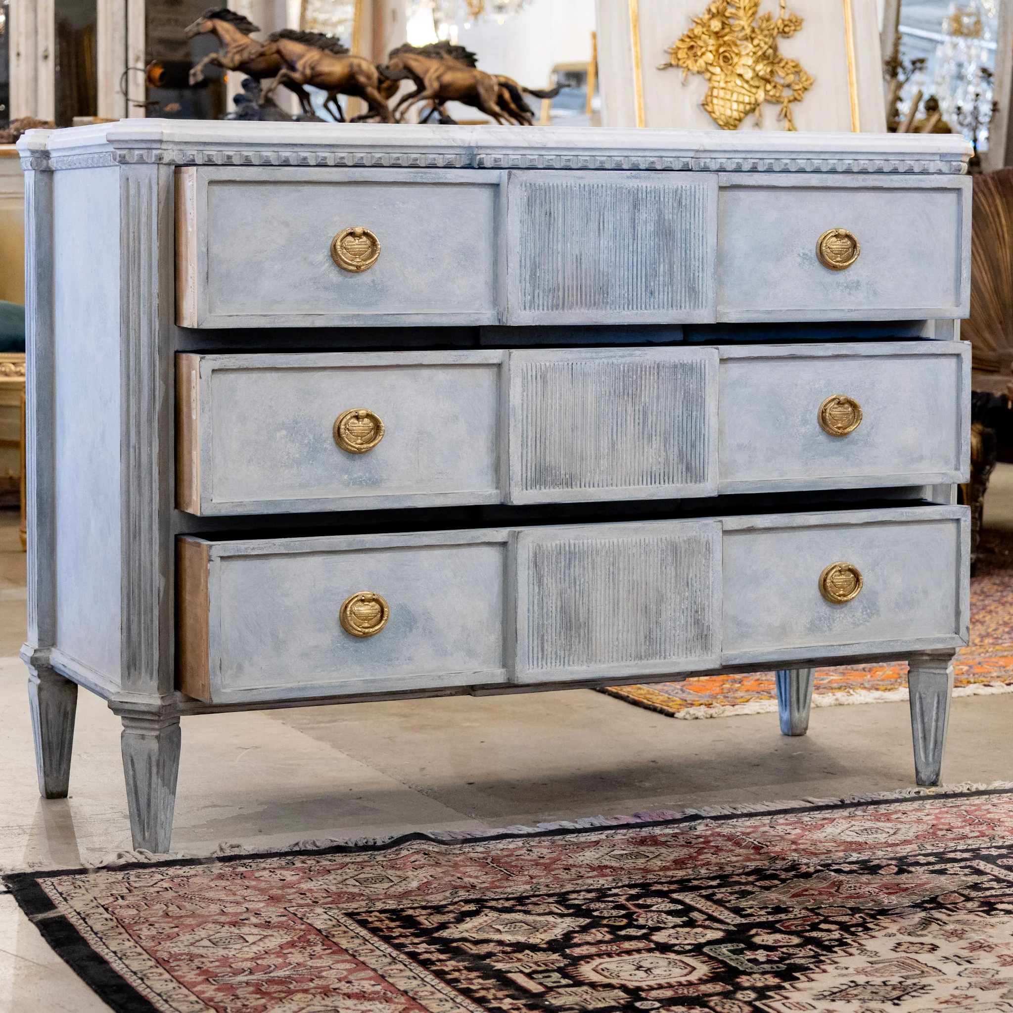 Swedish 3-Drawer Chest – Distressed Blue Finish & Faux Marble Top - Image 3