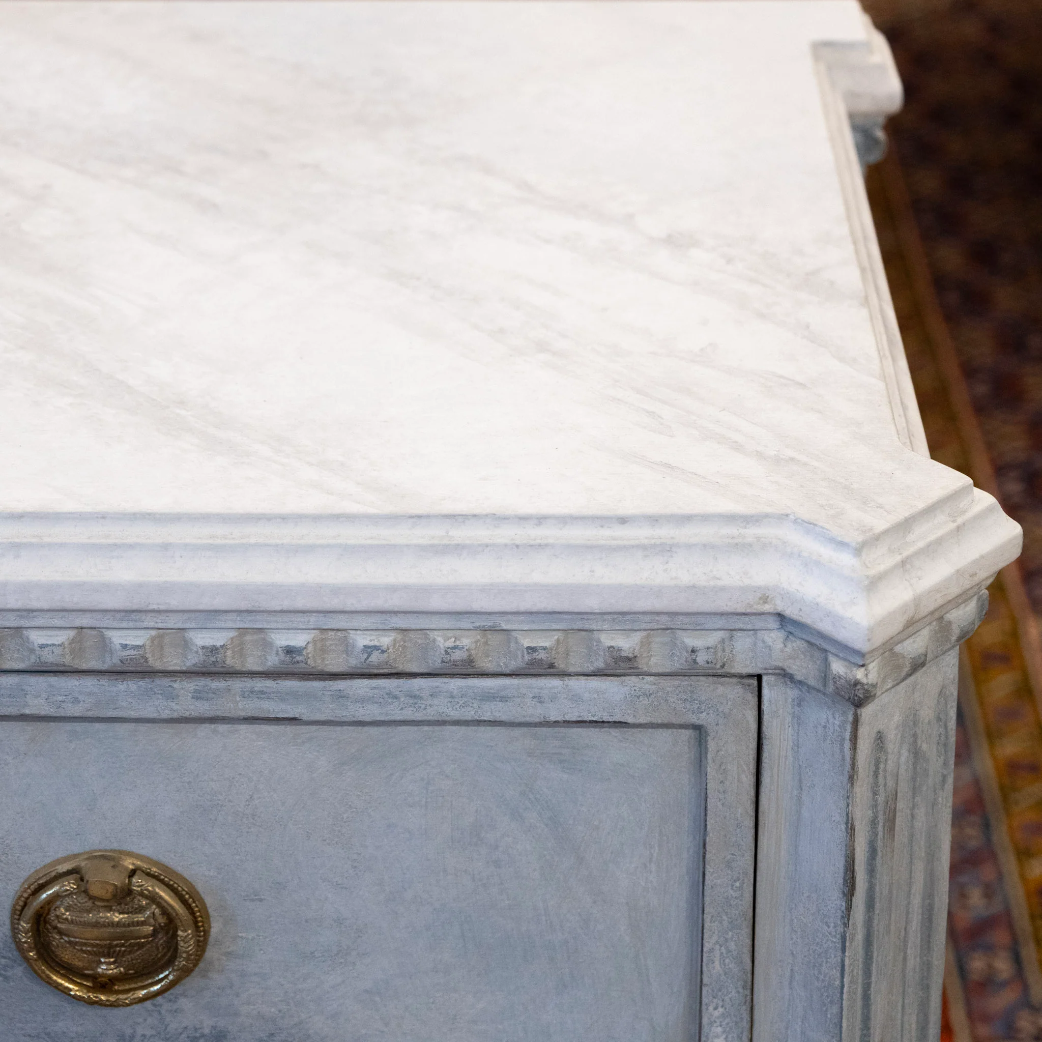 Swedish 3-Drawer Chest – Distressed Blue Finish & Faux Marble Top - Image 9