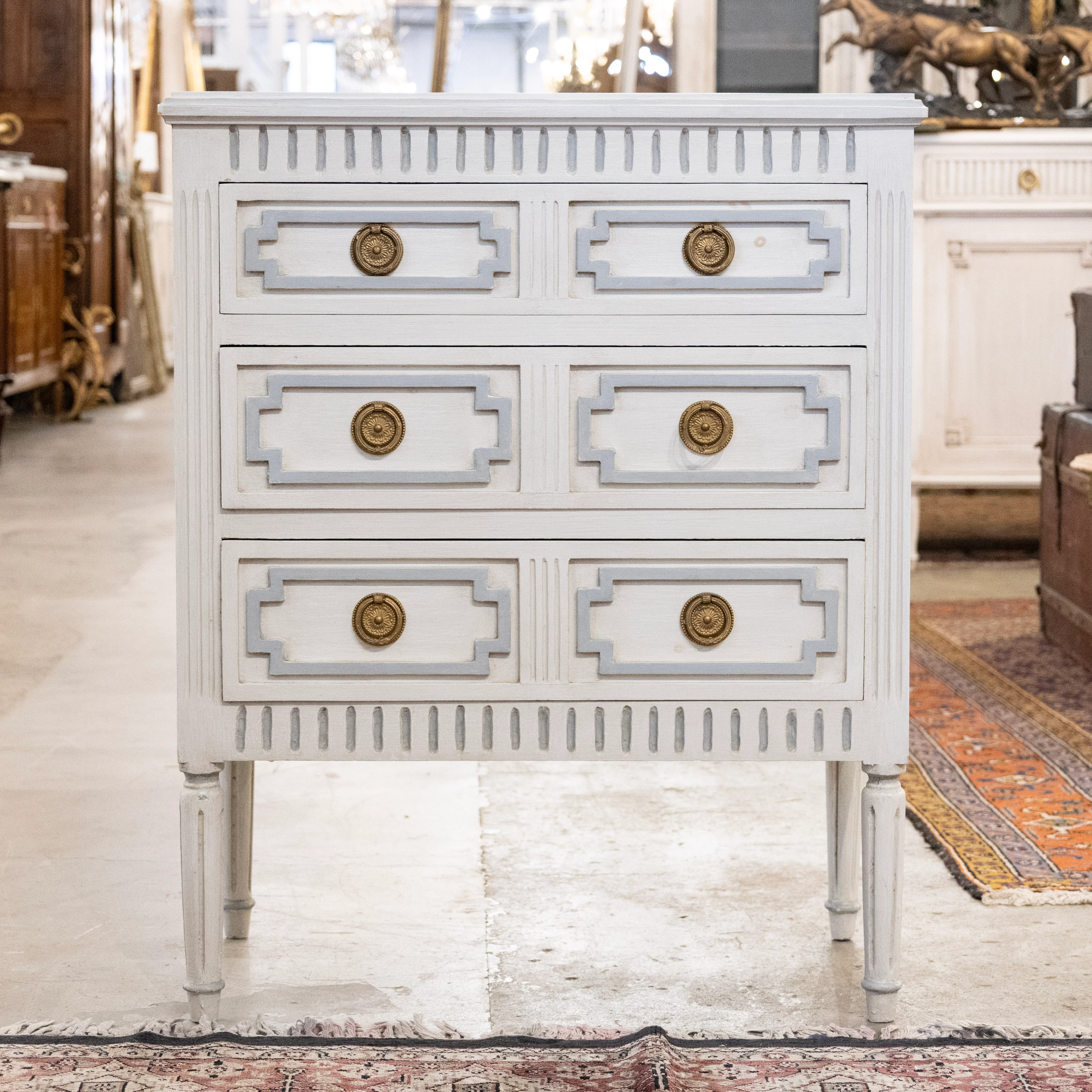 Swedish 3-Drawer Chest – Geometric & Fluted Blue Trim in Dove White