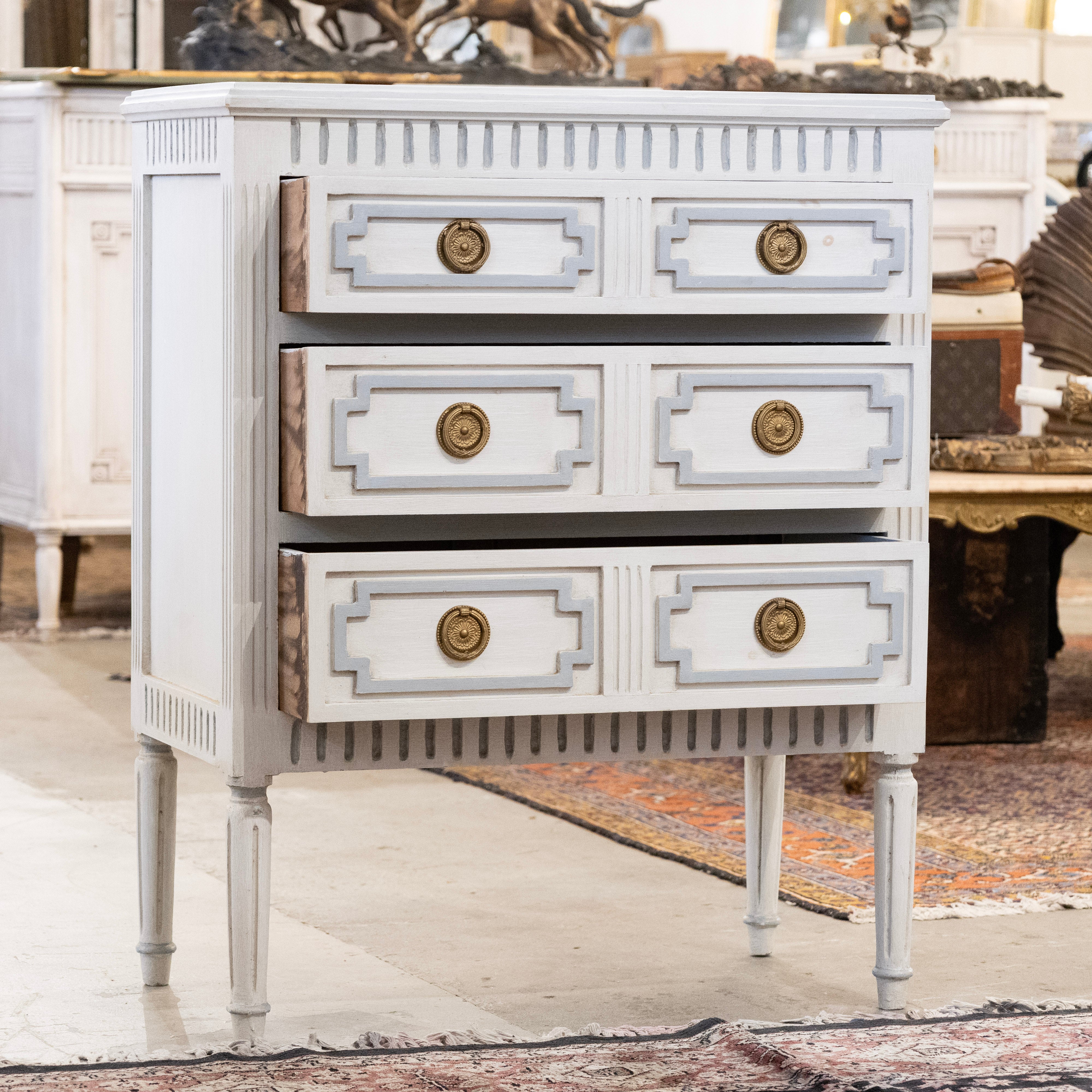 Swedish 3-Drawer Chest – Geometric & Fluted Blue Trim in Dove White - Image 3