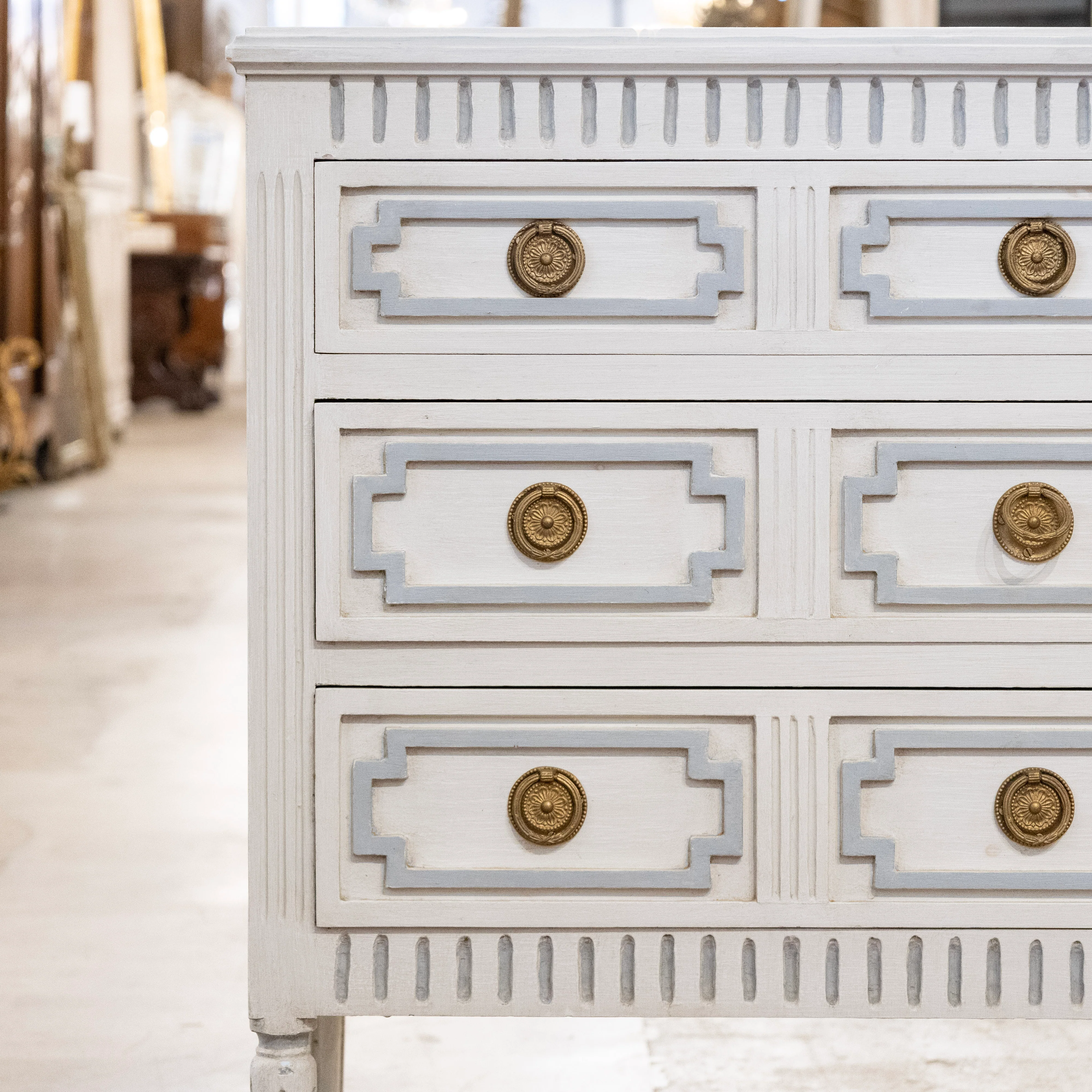 Swedish 3-Drawer Chest – Geometric & Fluted Blue Trim in Dove White - Image 4