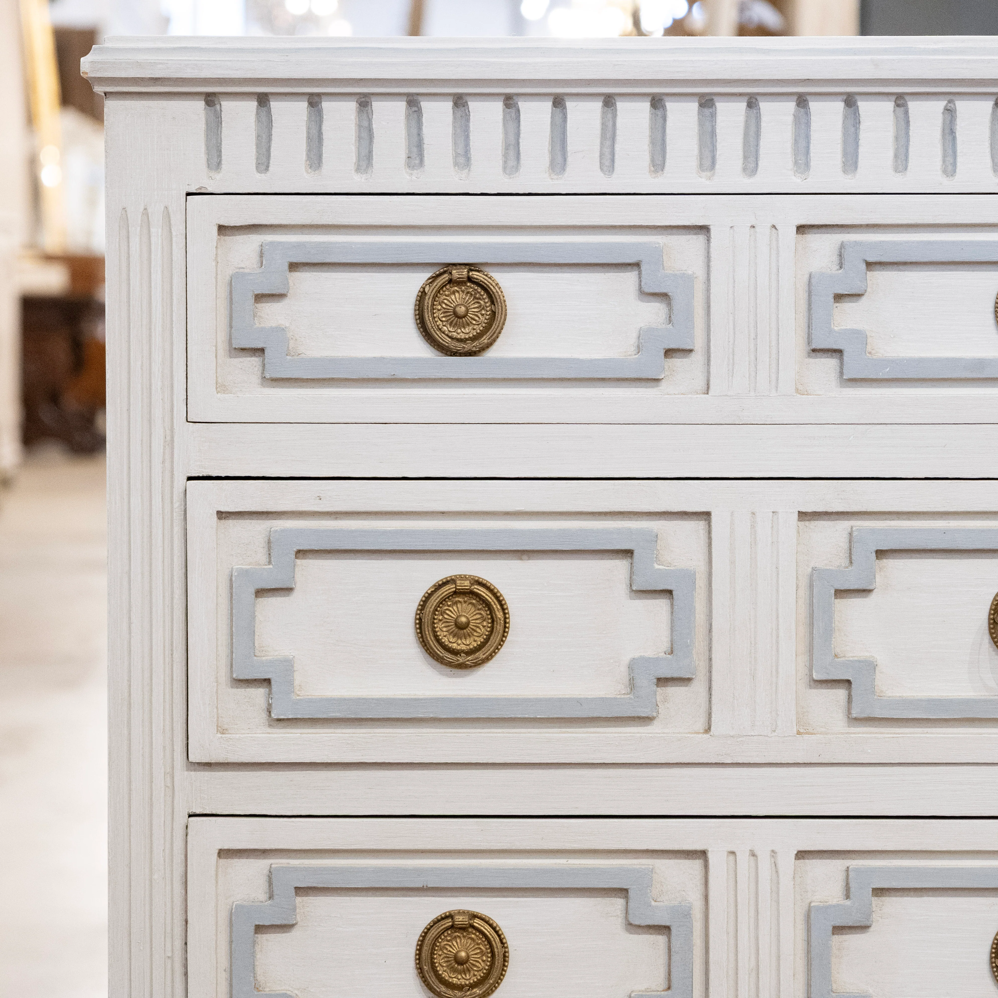 Swedish 3-Drawer Chest – Geometric & Fluted Blue Trim in Dove White - Image 5