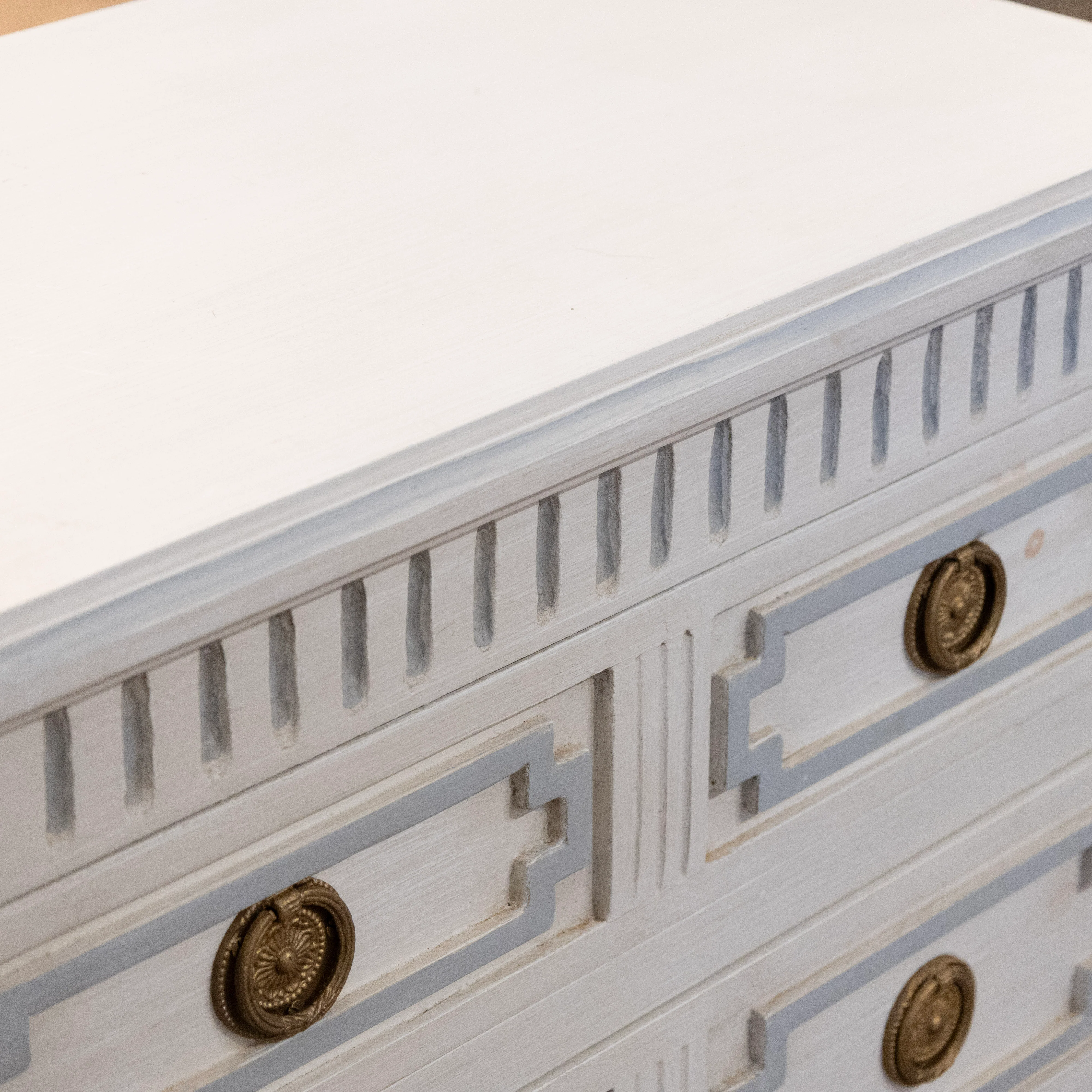 Swedish 3-Drawer Chest – Geometric & Fluted Blue Trim in Dove White - Image 6